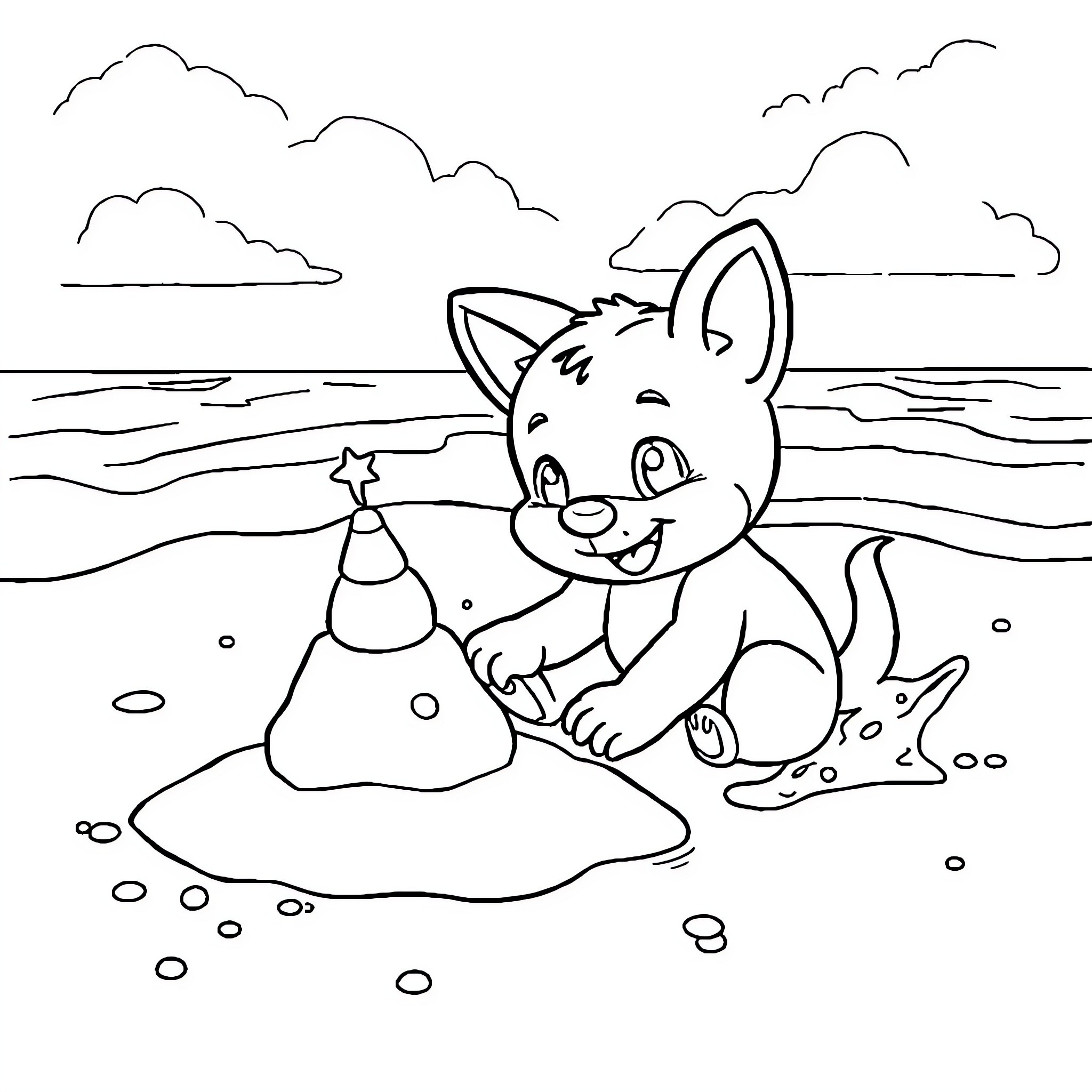 Bluey playing happily at the beach Coloring Page (free black-and-white line drawing printable PDF for all, from beginners to advanced learners, including children, teens, adults, and seniors)