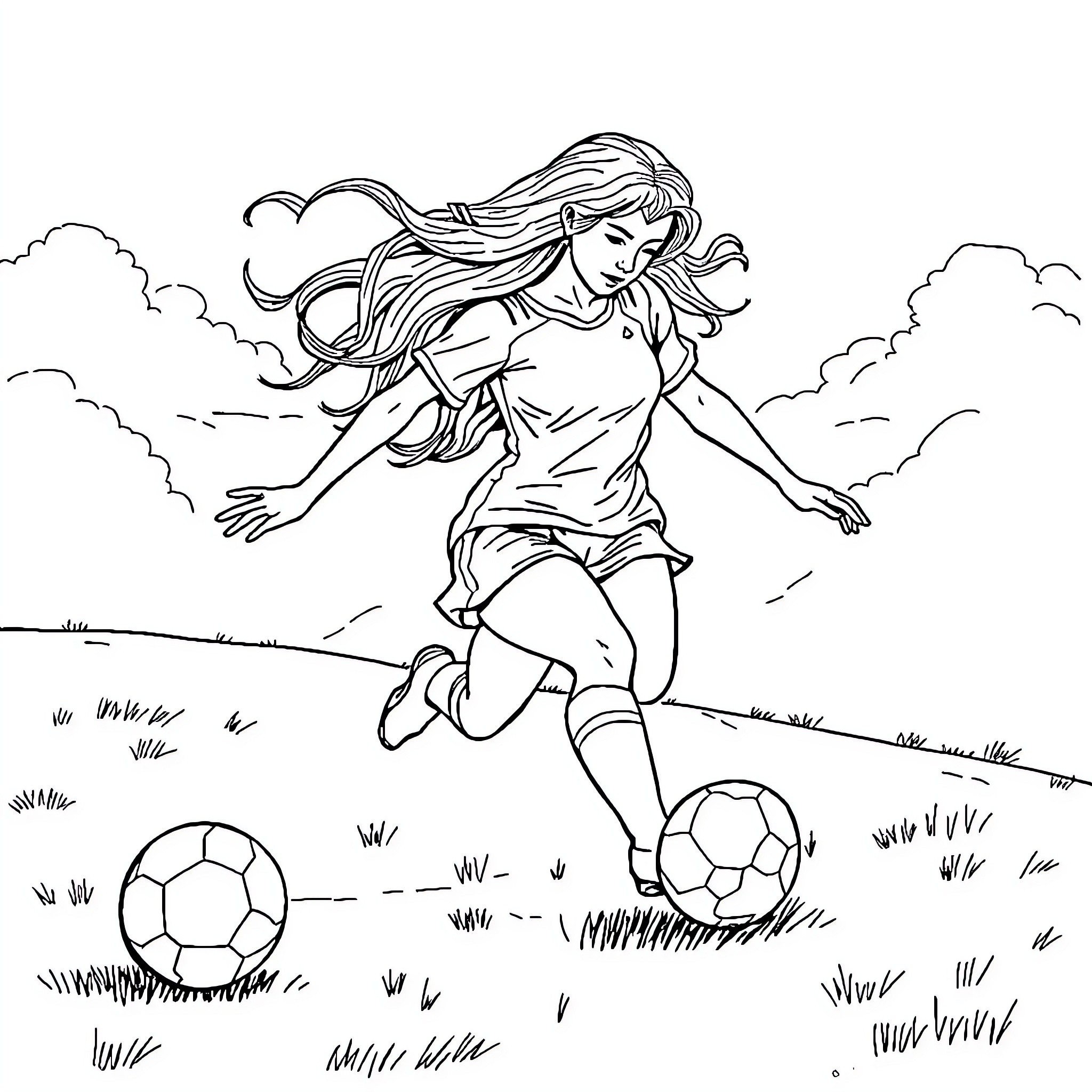 Mermaid playing joyfully with soccer ball on field Coloring Page (free black-and-white line drawing printable PDF for all, from beginners to advanced learners, including children, teens, adults, and seniors)