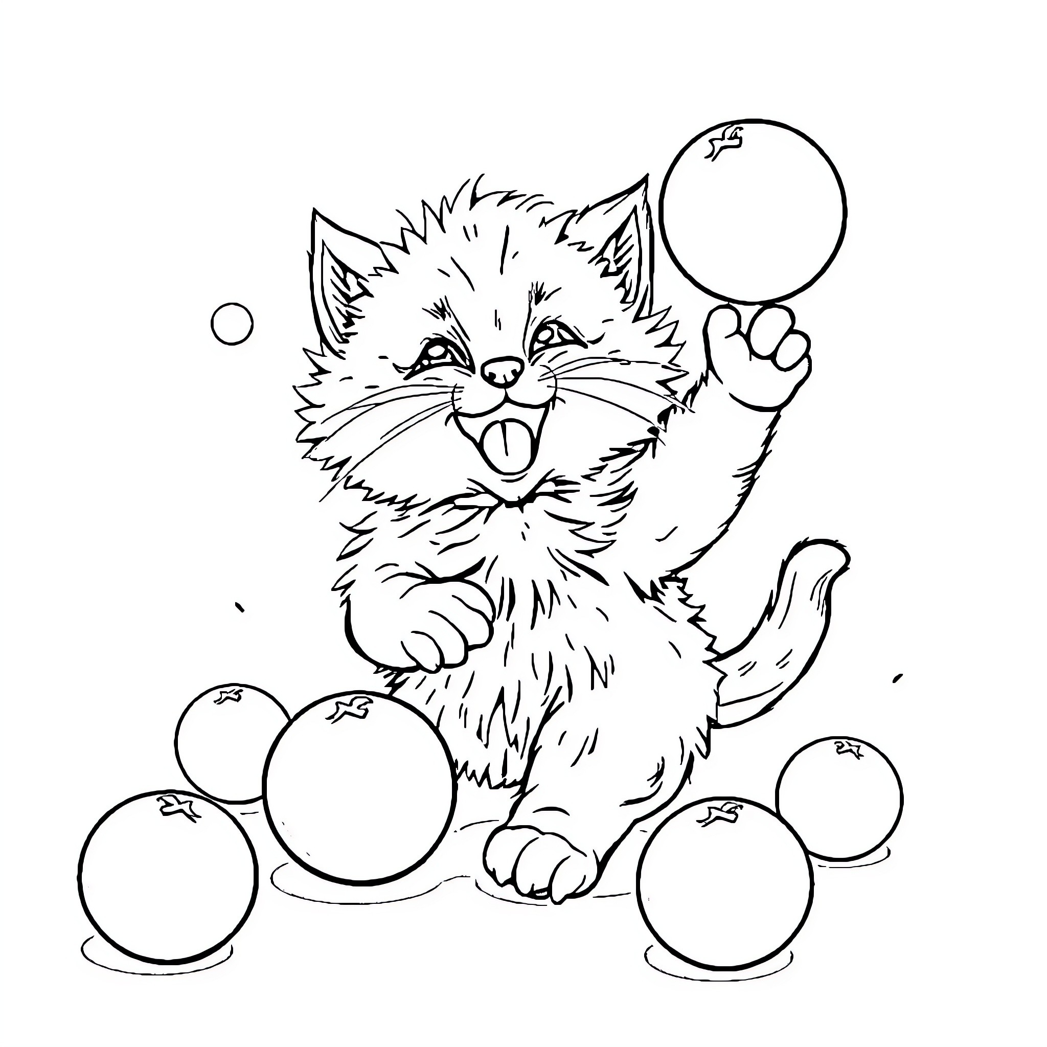 Kitten playing with bubbles Coloring Page (free black-and-white line drawing printable PDF for all, from beginners to advanced learners, including children, teens, adults, and seniors)