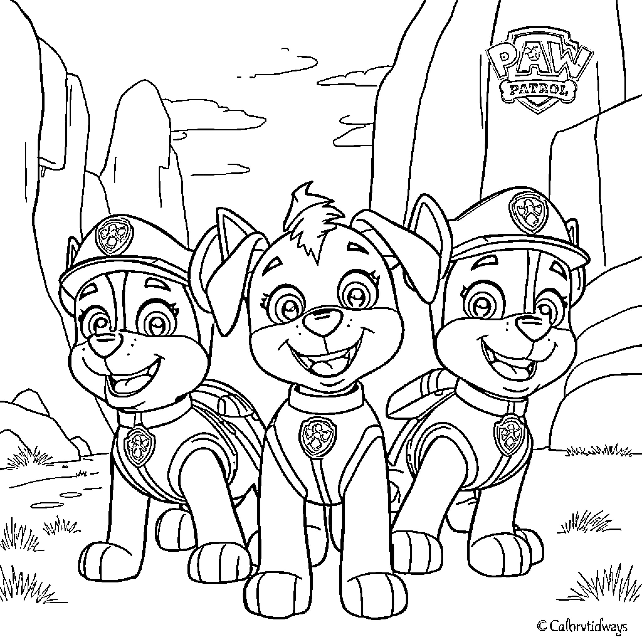 Paw Patrol pups in an outdoor adventure scene Coloring Page (free black-and-white line drawing printable PDF for all, from beginners to advanced learners, including children, teens, adults, and seniors)