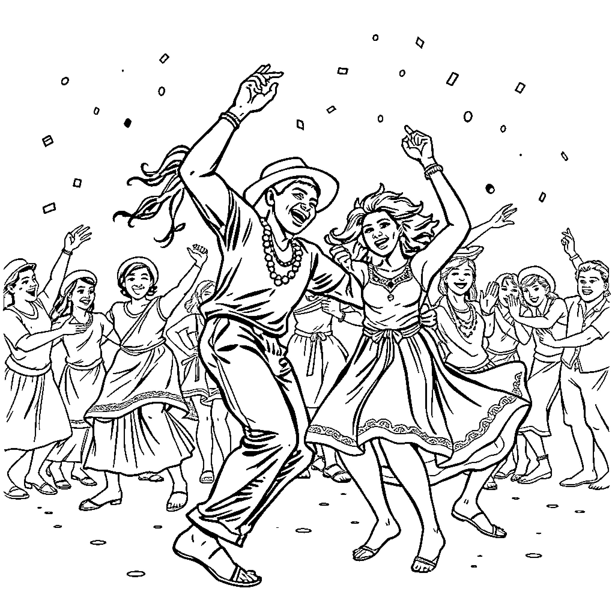 Makarena: Joyful Celebration of Dance and Community Coloring Page (free black-and-white line drawing printable PDF for all, from beginners to advanced learners, including children, teens, adults, and seniors)