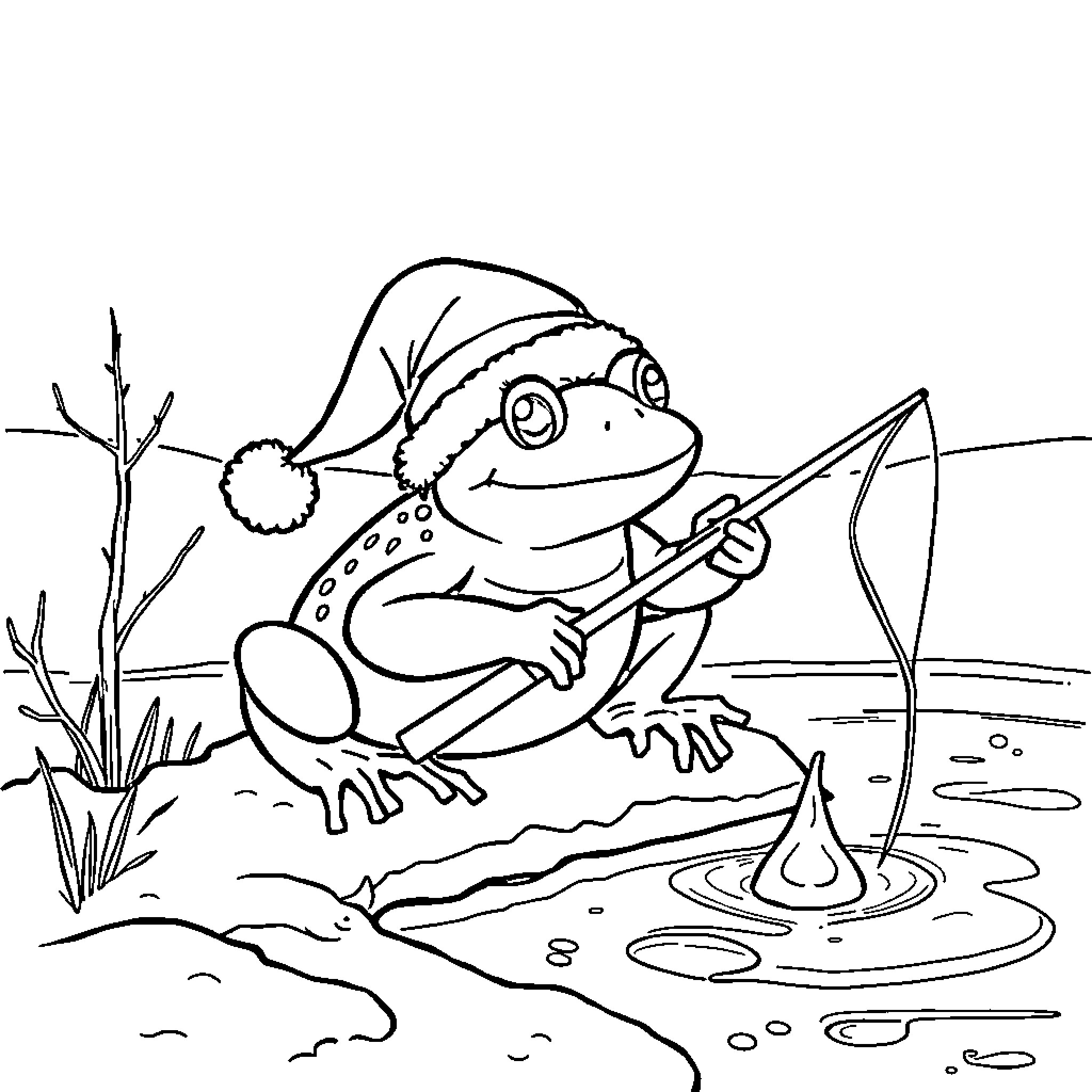 Toad fishing in a pond with Santa hat Coloring Page (free black-and-white line drawing printable PDF for all, from beginners to advanced learners, including children, teens, adults, and seniors)