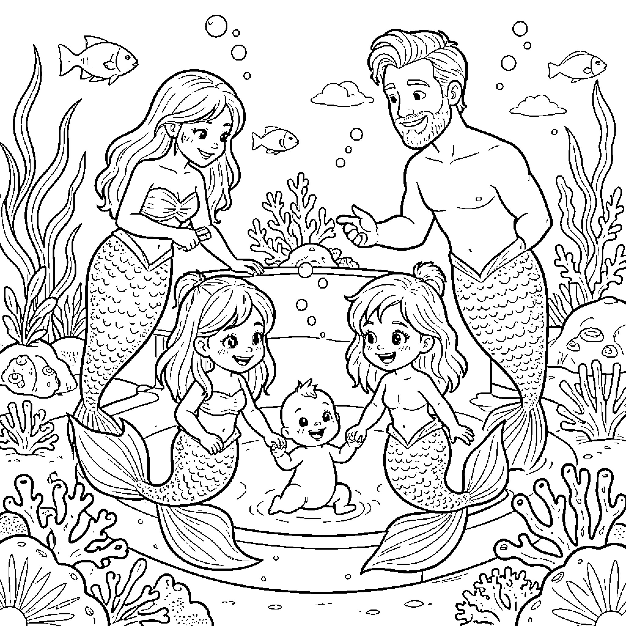 Mermaid Family Enjoying Underwater Adventure Coloring Page (free black-and-white line drawing printable PDF for all, from beginners to advanced learners, including children, teens, adults, and seniors)