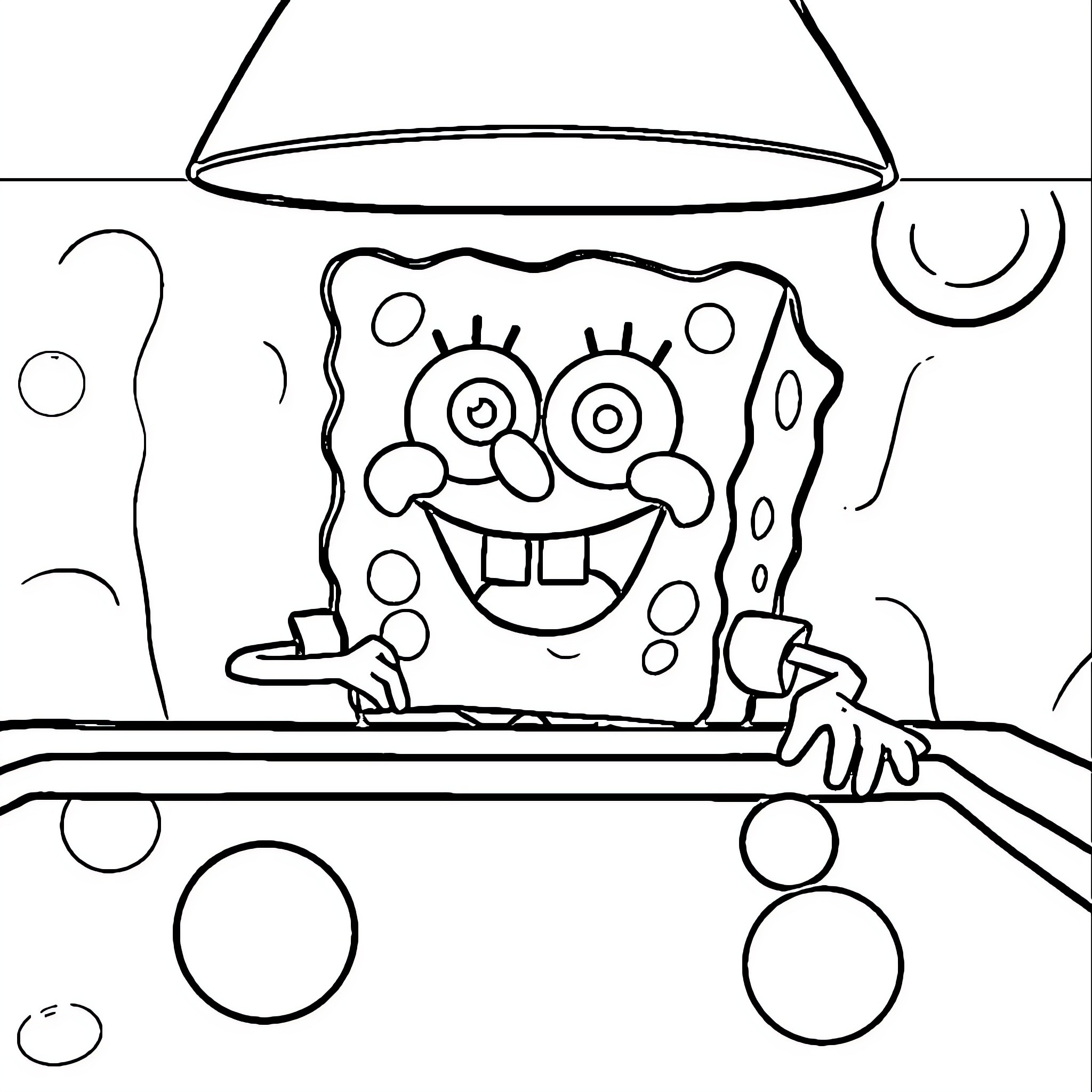 Spongebob's Silly Antics in the Undersea Classroom Coloring Page (free black-and-white line drawing printable PDF for all, from beginners to advanced learners, including children, teens, adults, and seniors)