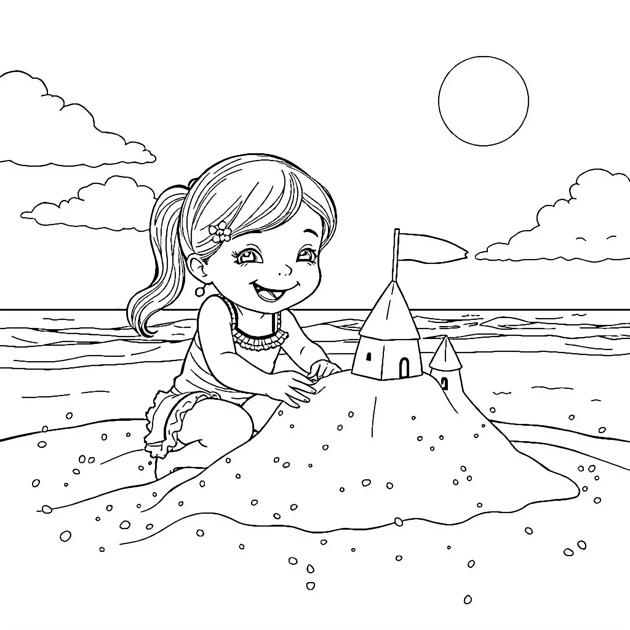 Girl playing in the sand by the sea Coloring Page (free black-and-white line drawing printable PDF for all, from beginners to advanced learners, including children, teens, adults, and seniors)