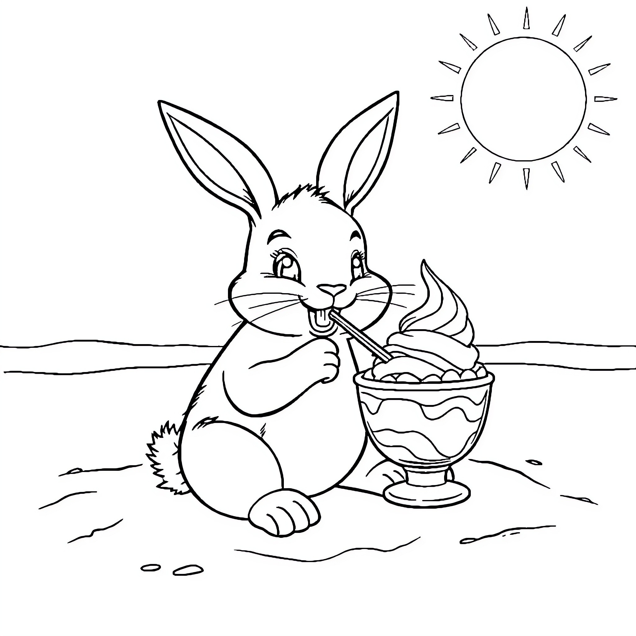 Bunny enjoying a tasty treat in the sunshine Coloring Page (free black-and-white line drawing printable PDF for all, from beginners to advanced learners, including children, teens, adults, and seniors)