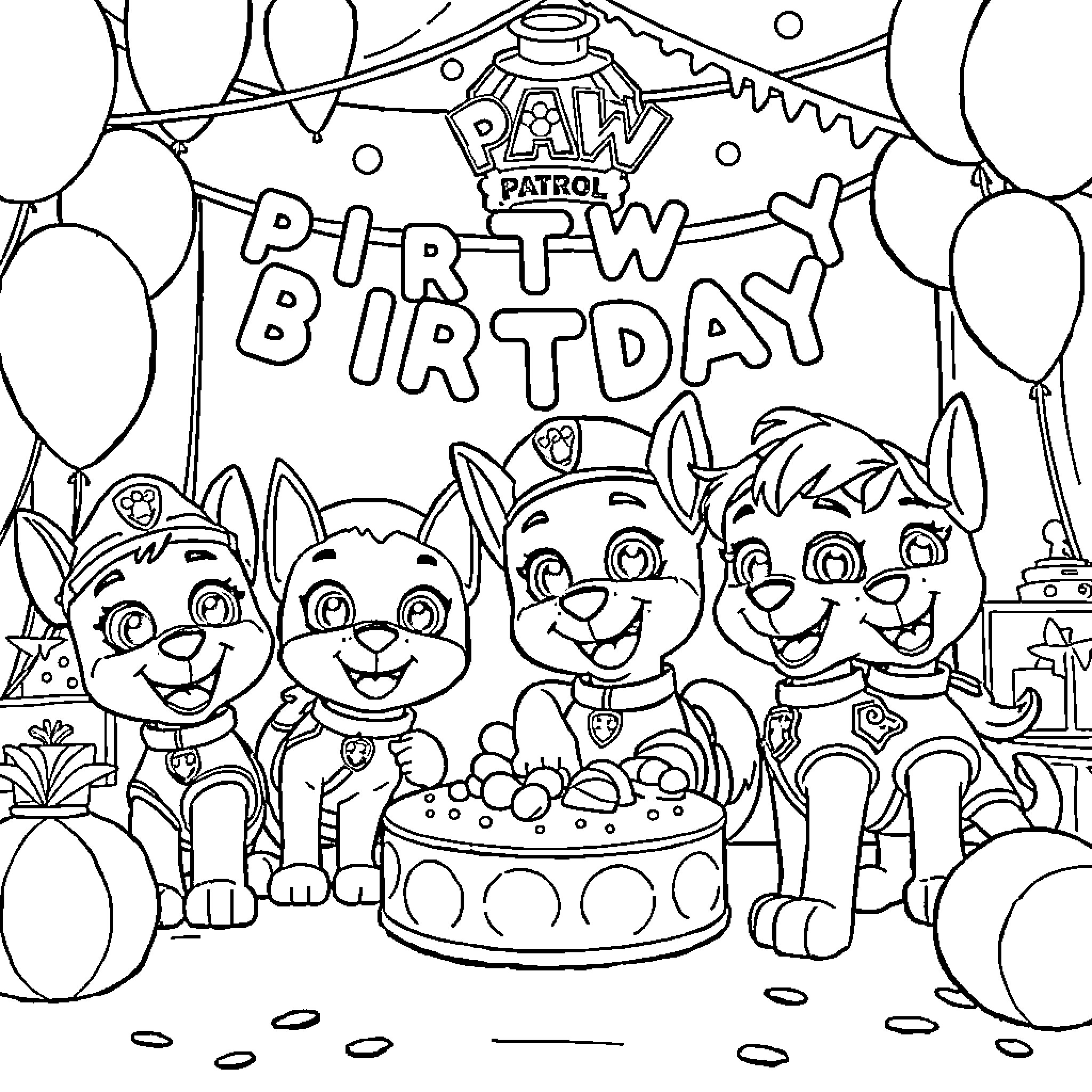 Paw Patrol Puppies Celebrating Birthday Party Coloring Page (free black-and-white line drawing printable PDF for all, from beginners to advanced learners, including children, teens, adults, and seniors)