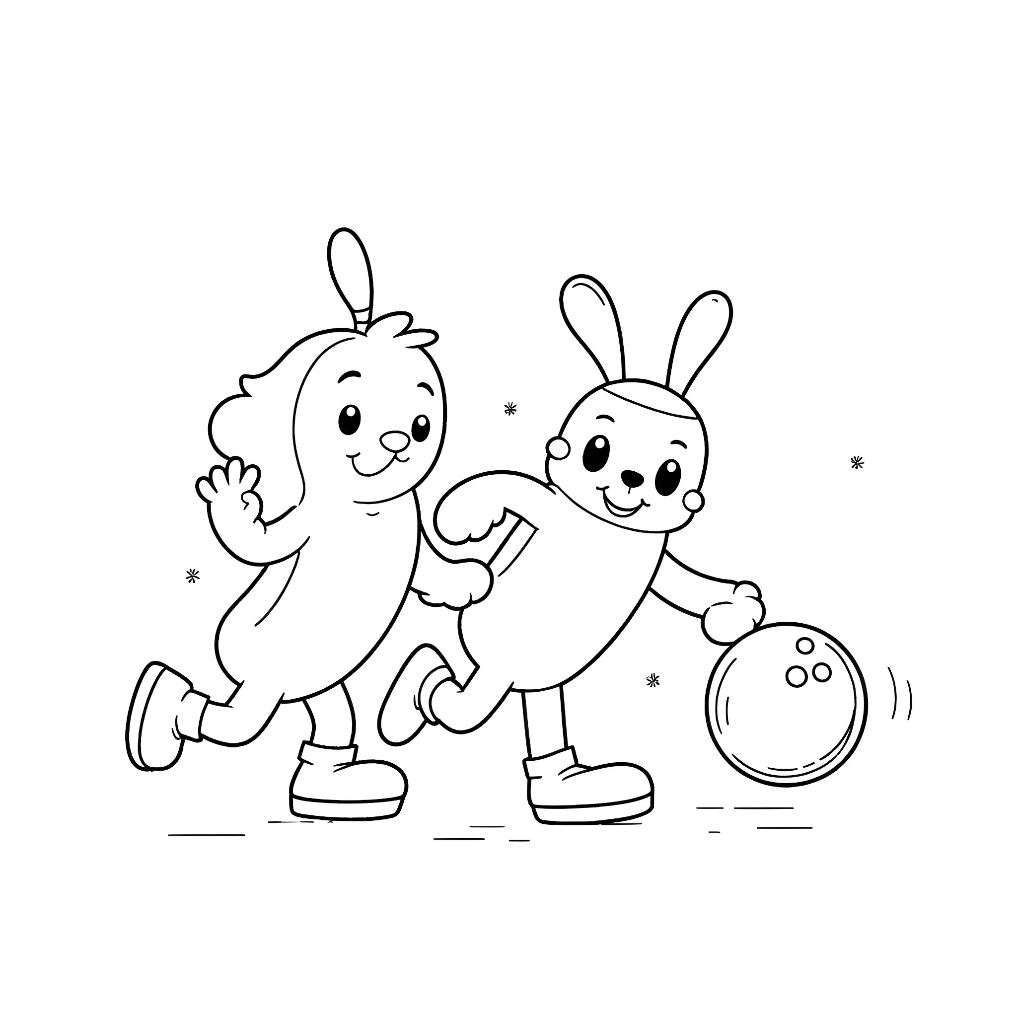 Bluey and Bingo playing together with a ball Coloring Page (free black-and-white line drawing printable PDF for all, from beginners to advanced learners, including children, teens, adults, and seniors)