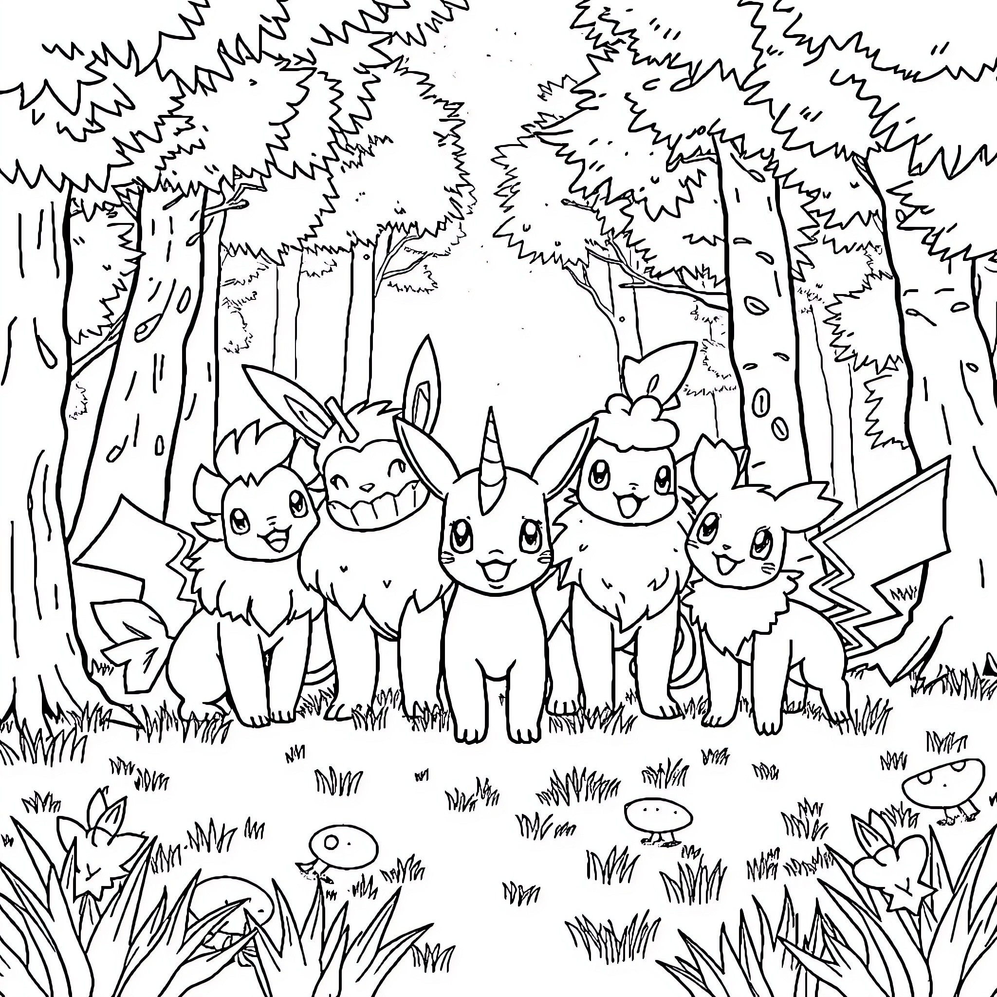 Pokémon characters exploring the forest landscape Coloring Page (free black-and-white line drawing printable PDF for all, from beginners to advanced learners, including children, teens, adults, and seniors)
