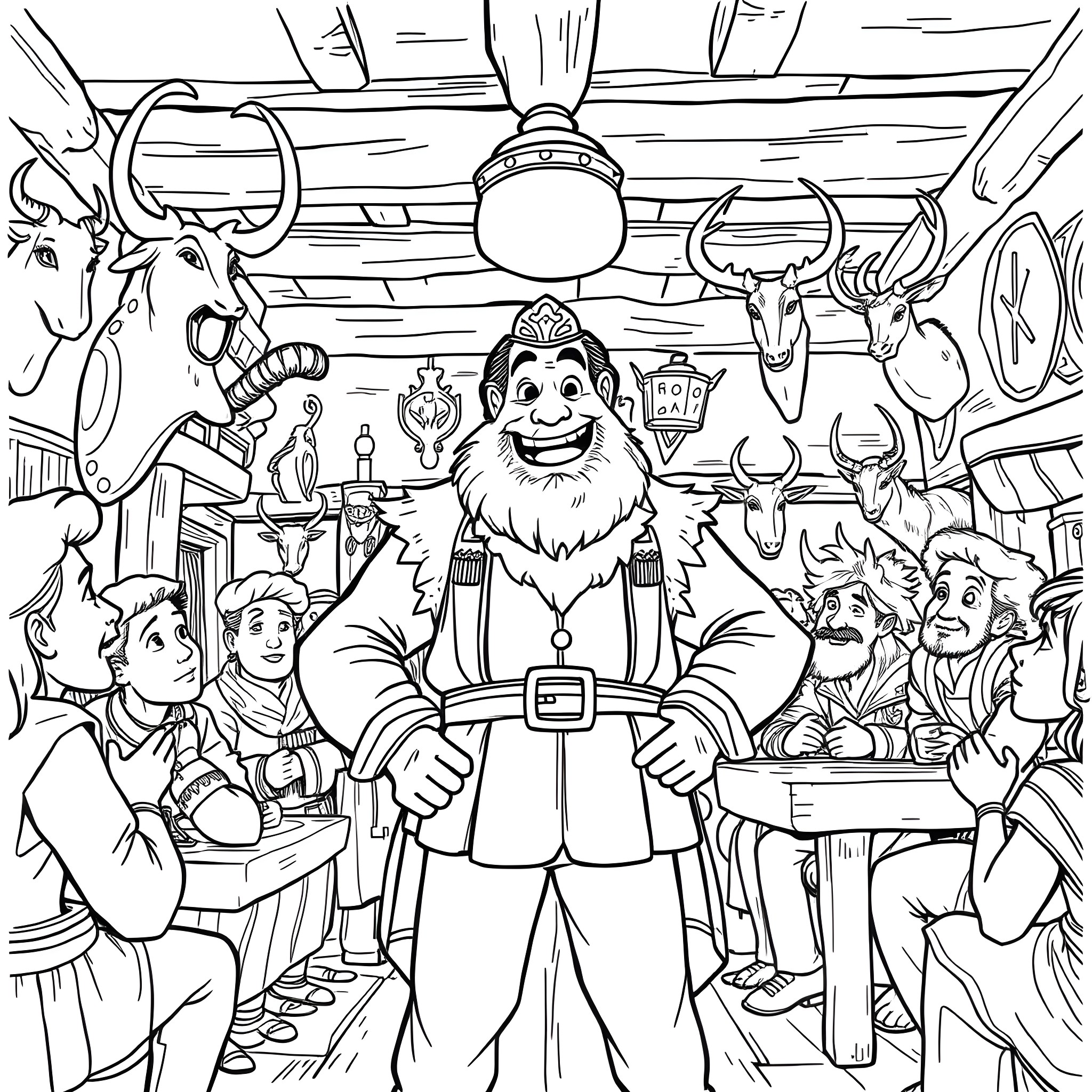 Gastón entertaining a lively group in a cozy cabin Coloring Page (free black-and-white line drawing printable PDF for all, from beginners to advanced learners, including children, teens, adults, and seniors)
