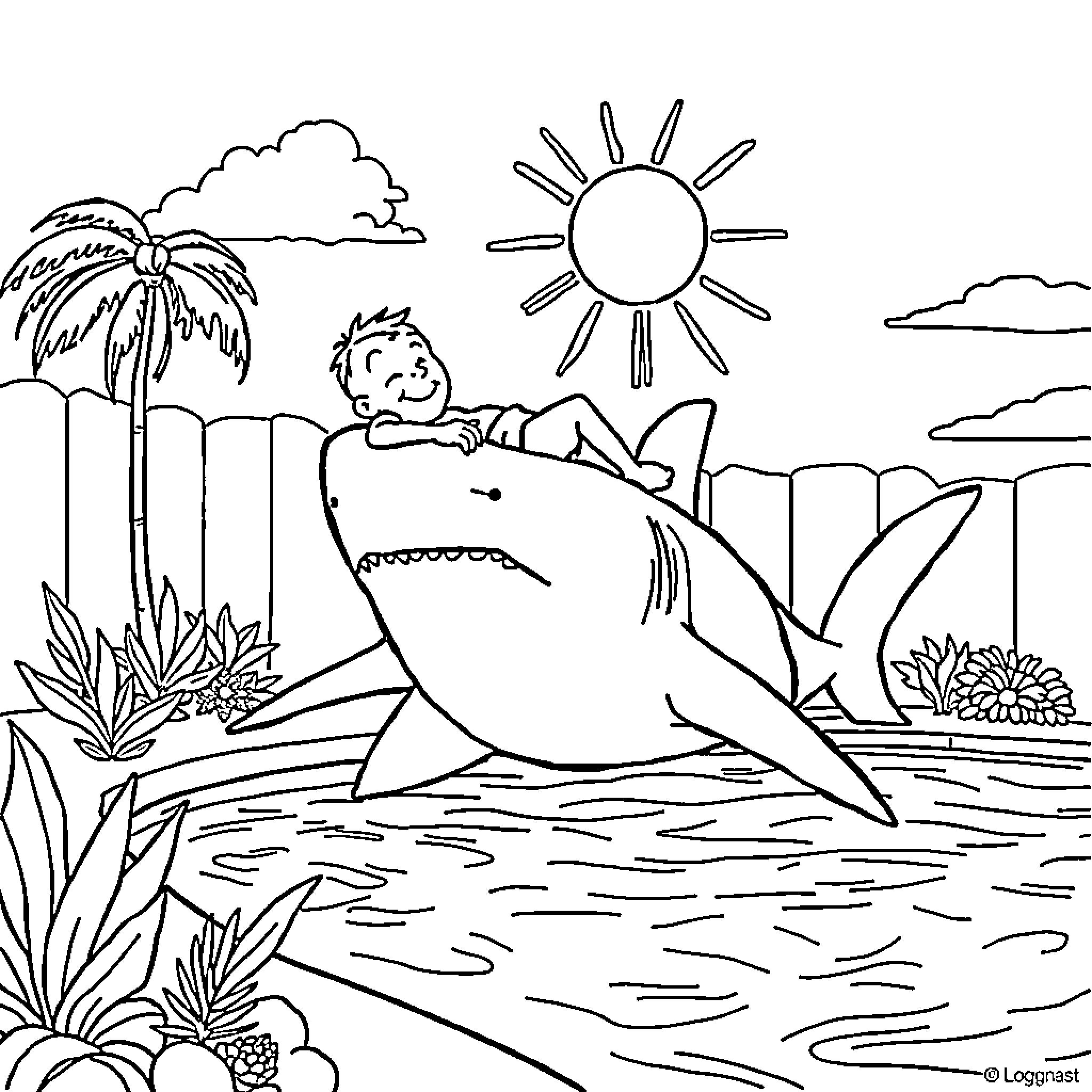 Tintin relaxing while riding a large shark Coloring Page (free black-and-white line drawing printable PDF for all, from beginners to advanced learners, including children, teens, adults, and seniors)