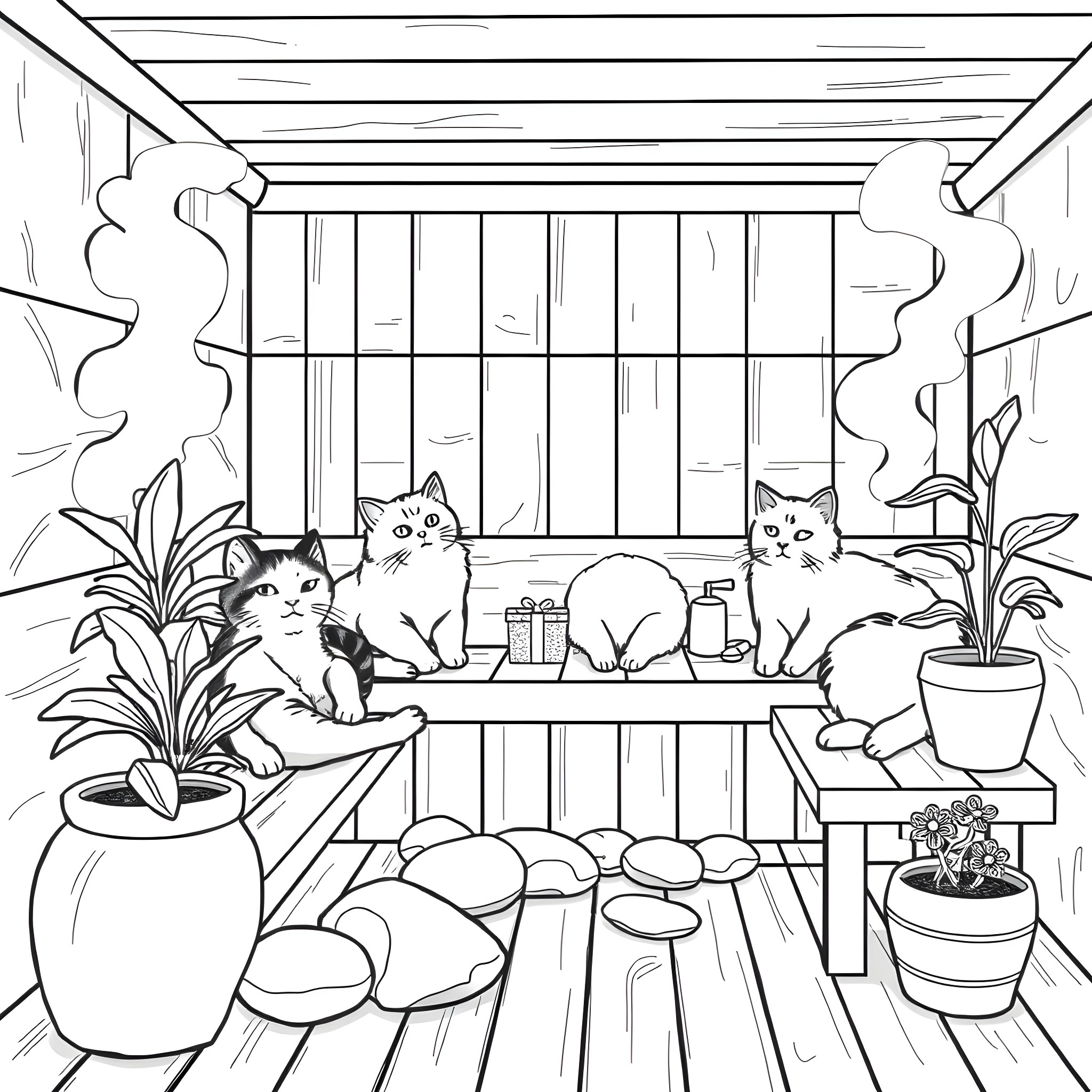 Cats relaxing in a cozy porch scene Coloring Page (free black-and-white line drawing printable PDF for all, from beginners to advanced learners, including children, teens, adults, and seniors)