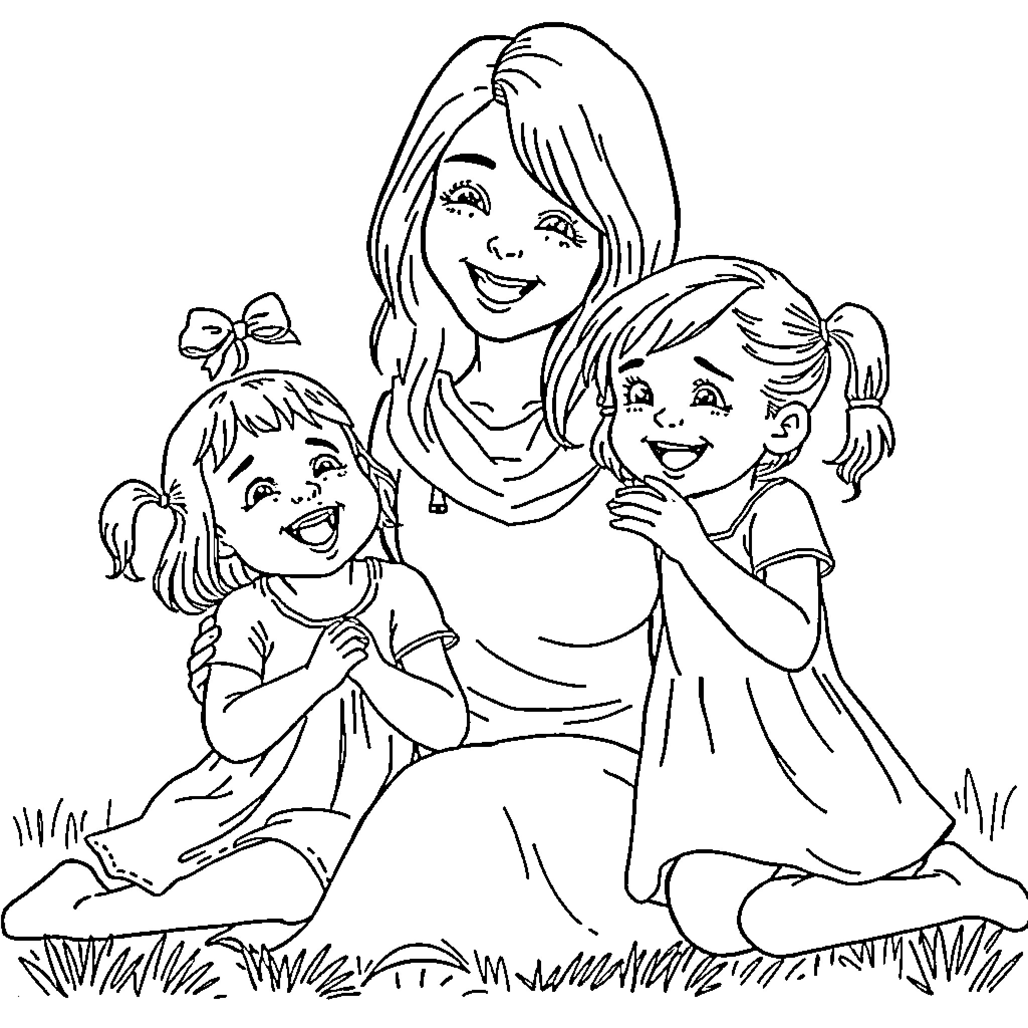 Rachel Enjoying Quality Time with Children Coloring Page (free black-and-white line drawing printable PDF for all, from beginners to advanced learners, including children, teens, adults, and seniors)