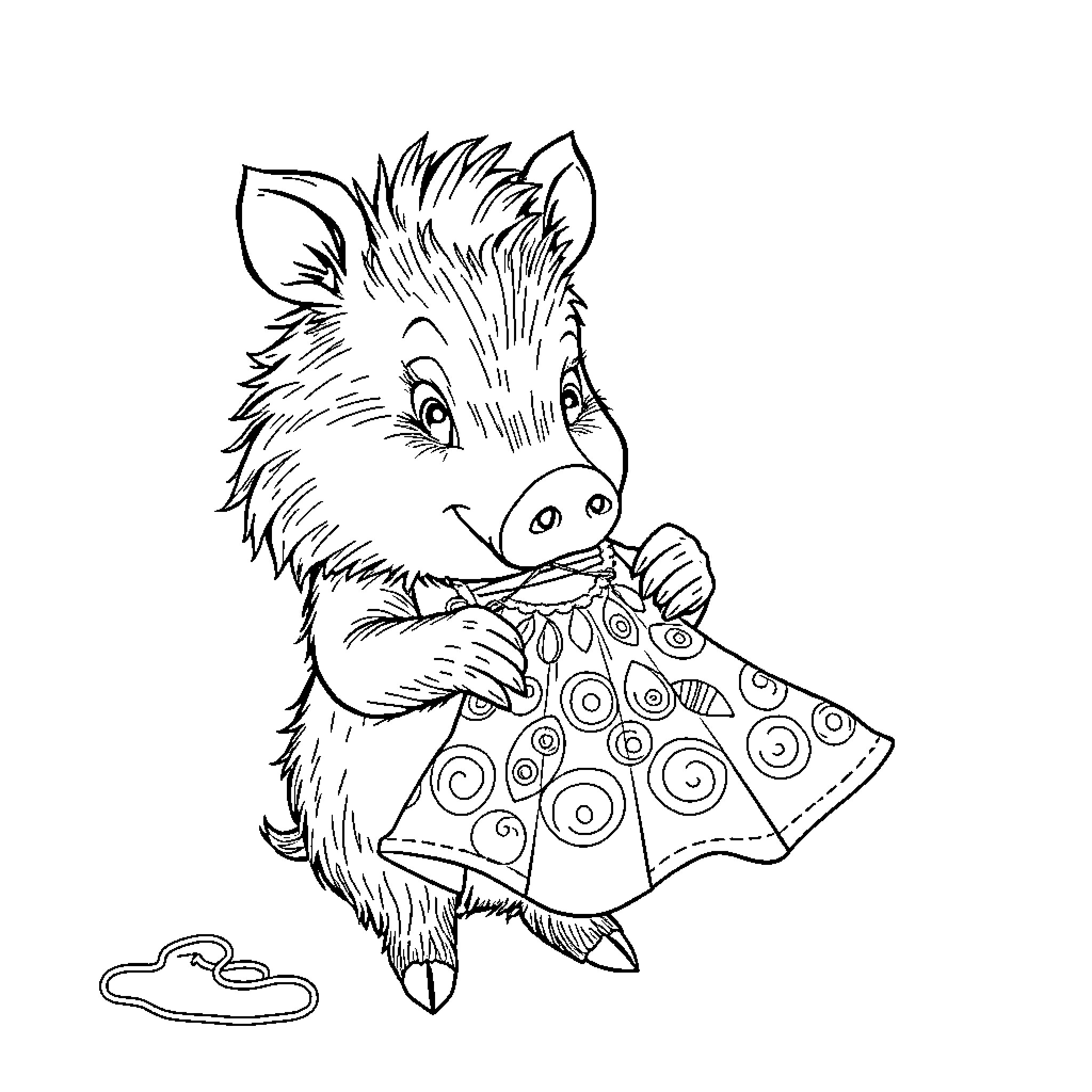 Boar playing with colorful pattern dress Coloring Page (free black-and-white line drawing printable PDF for all, from beginners to advanced learners, including children, teens, adults, and seniors)