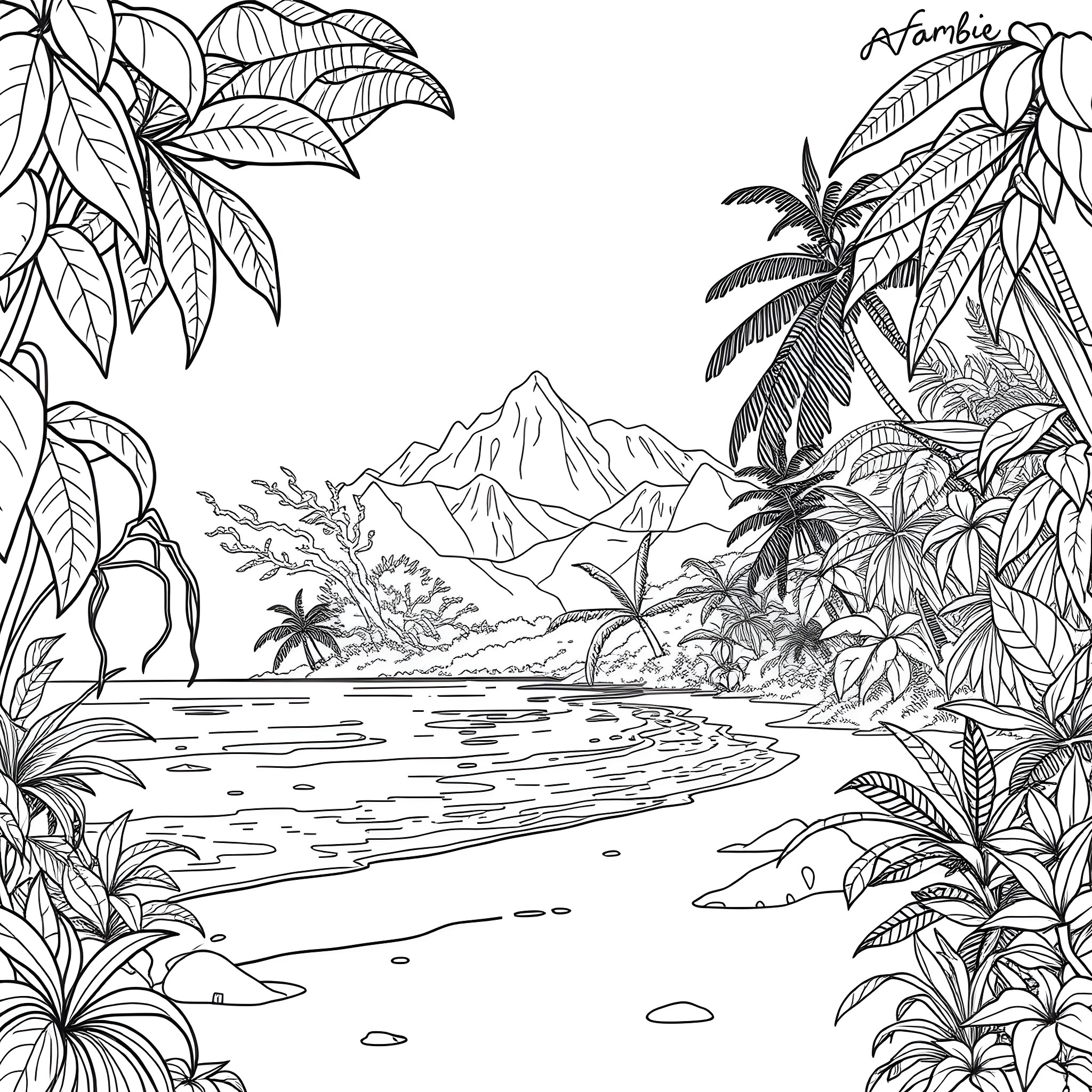 Mamba's Lush Tropical Paradise Coloring Page (free black-and-white line drawing printable PDF for all, from beginners to advanced learners, including children, teens, adults, and seniors)