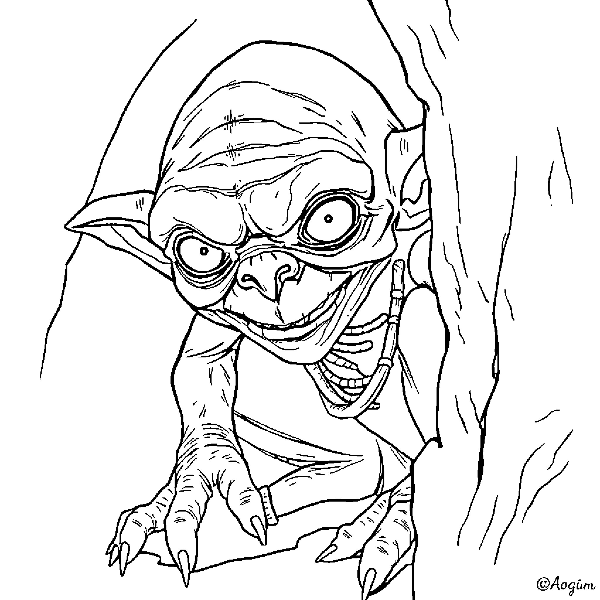 Gollum creeping suspiciously in the shadows Coloring Page (free black-and-white line drawing printable PDF for all, from beginners to advanced learners, including children, teens, adults, and seniors)