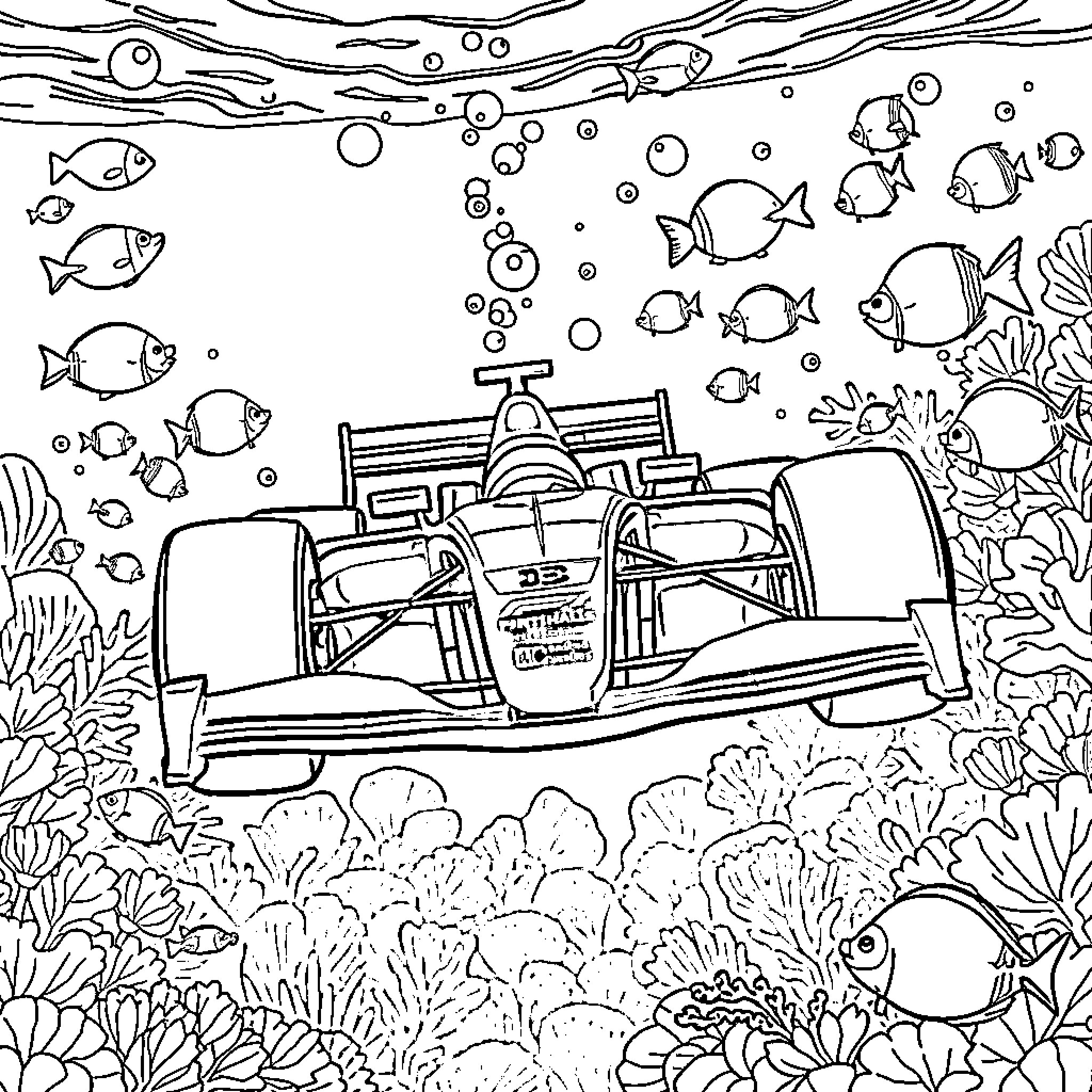 Formula 1 Car racing underwater with marine life Coloring Page (free black-and-white line drawing printable PDF for all, from beginners to advanced learners, including children, teens, adults, and seniors)