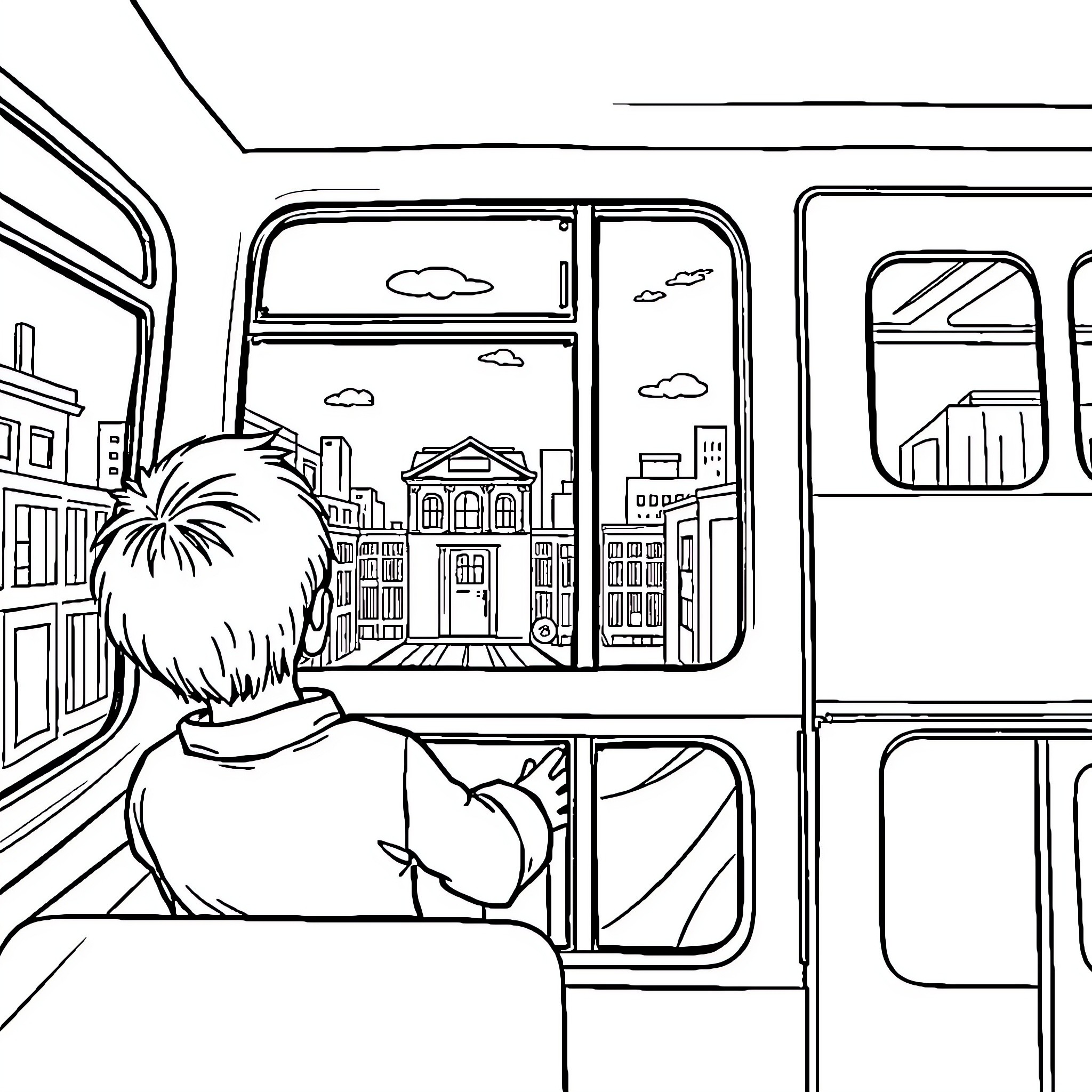 Boy looking out of the bus window at the city skyline Coloring Page (free black-and-white line drawing printable PDF for all, from beginners to advanced learners, including children, teens, adults, and seniors)