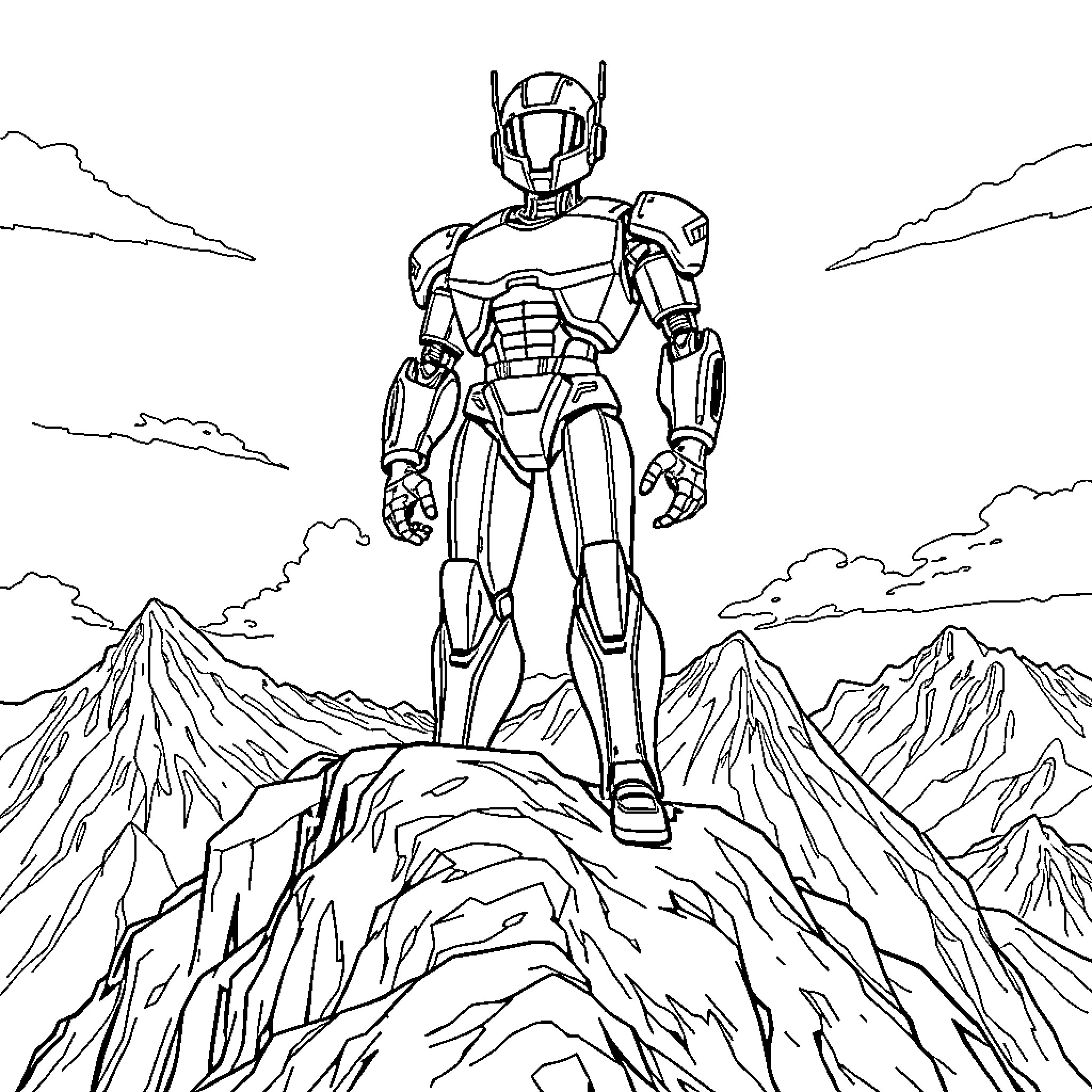 Robot exploring the mountainous landscape Coloring Page (free black-and-white line drawing printable PDF for all, from beginners to advanced learners, including children, teens, adults, and seniors)