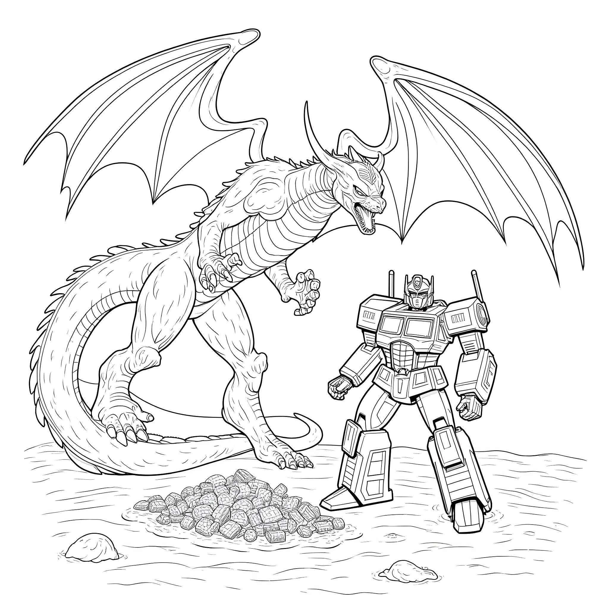 Dragon battling a giant robot in a desert scene Coloring Page (free black-and-white line drawing printable PDF for all, from beginners to advanced learners, including children, teens, adults, and seniors)