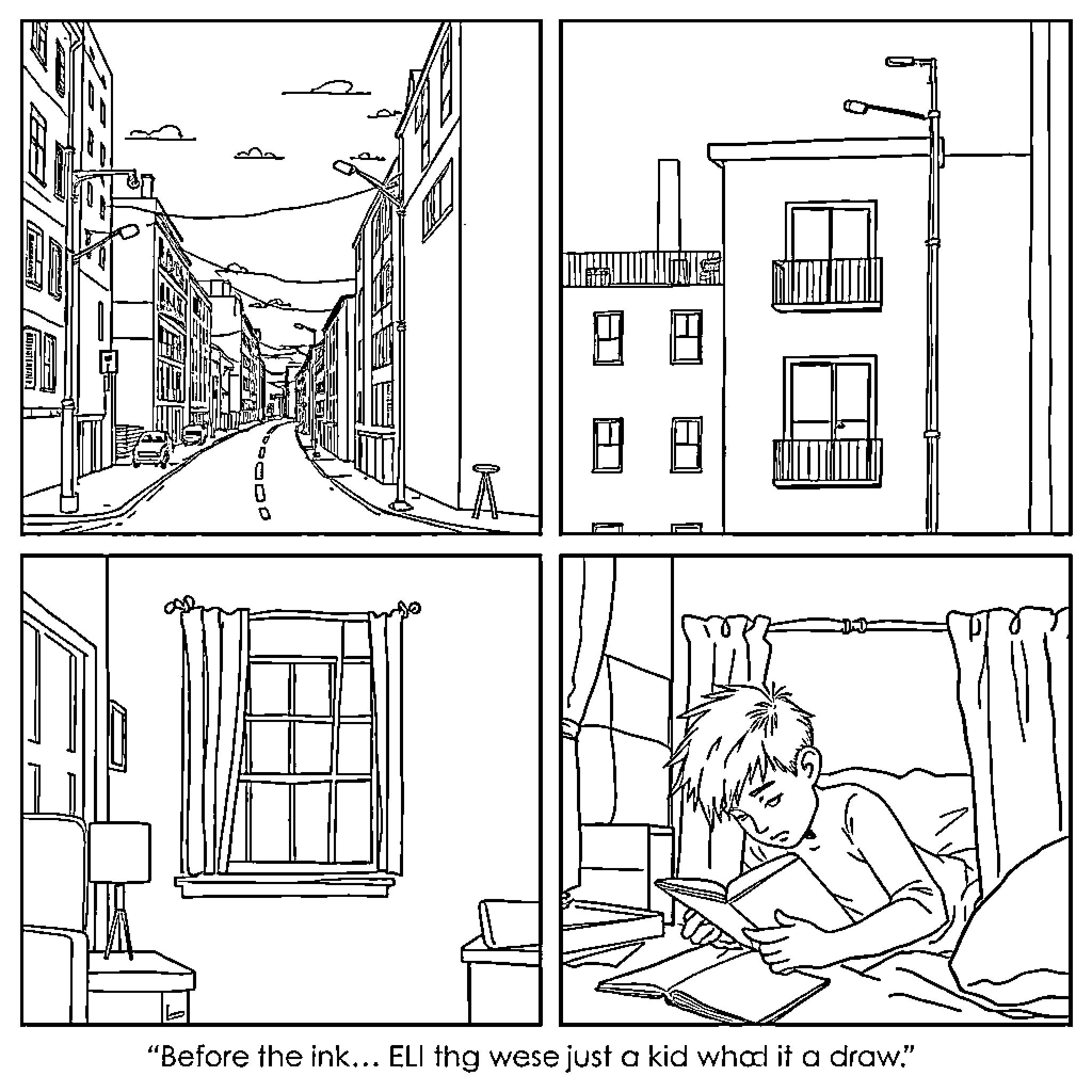 Kid drawing in his room on a rainy day Coloring Page (free black-and-white line drawing printable PDF for all, from beginners to advanced learners, including children, teens, adults, and seniors)