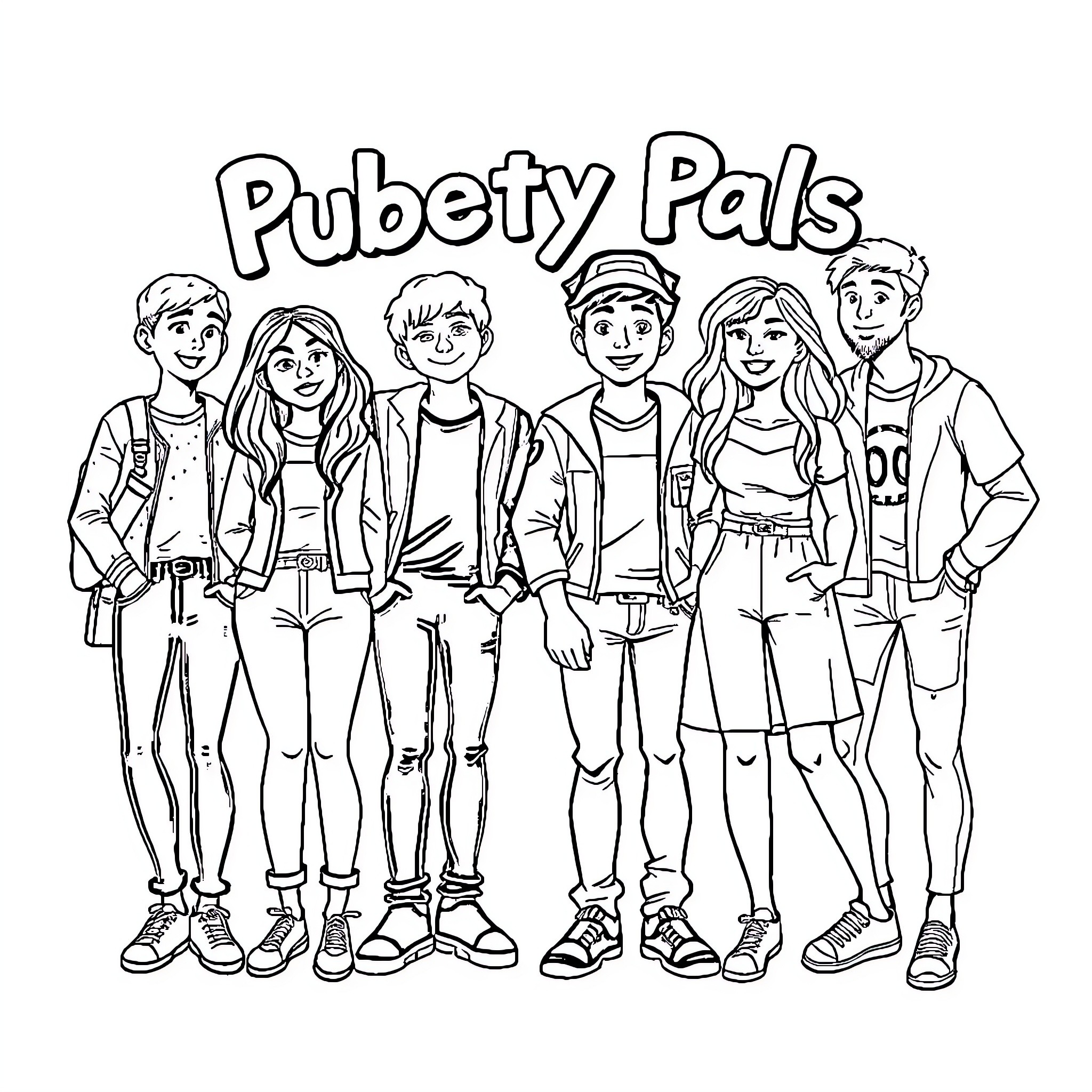 Puberty Pals: Group of Teens in Casual Outfits Coloring Page (free black-and-white line drawing printable PDF for all, from beginners to advanced learners, including children, teens, adults, and seniors)