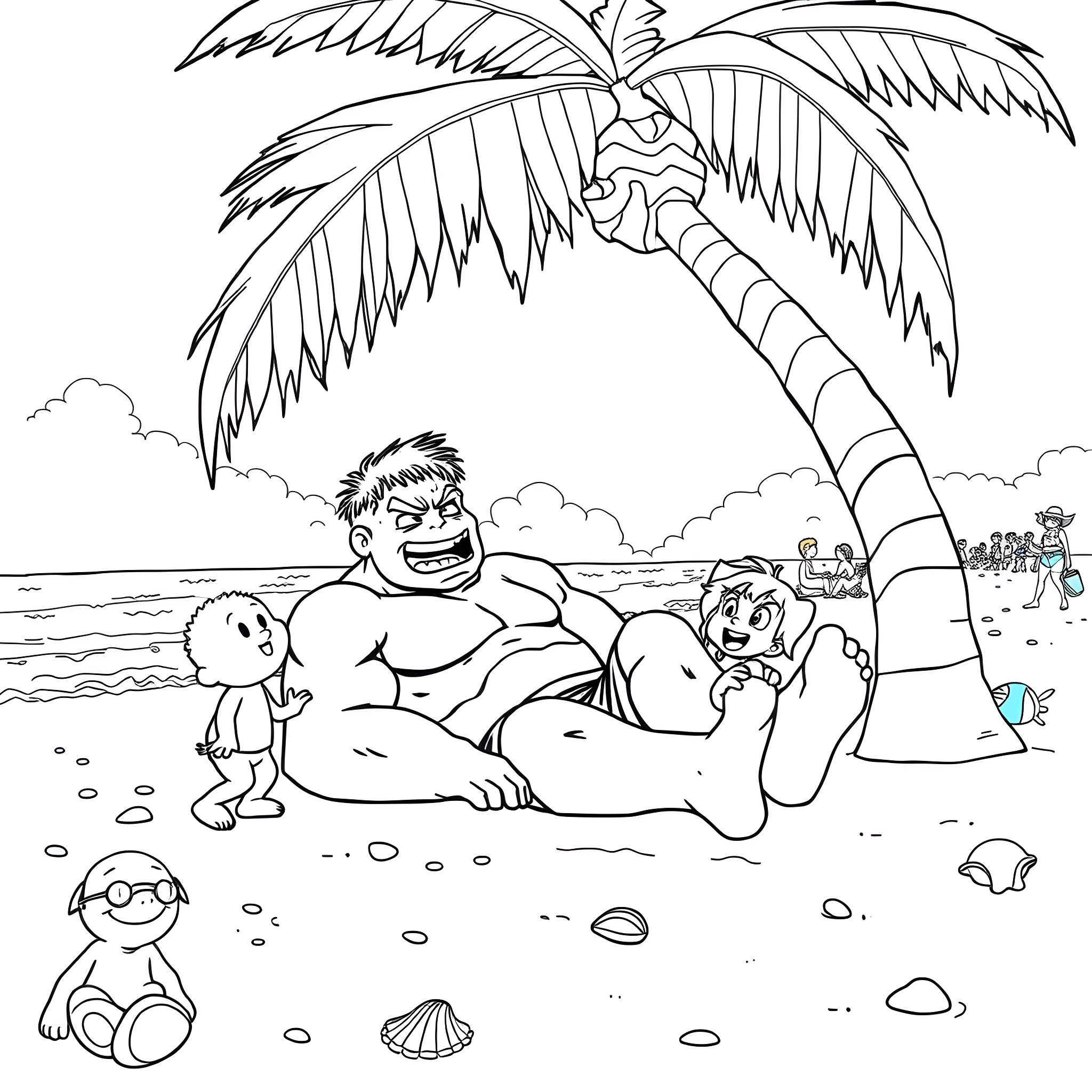 Hulk Relaxing on the Beach with Friends Coloring Page (free black-and-white line drawing printable PDF for all, from beginners to advanced learners, including children, teens, adults, and seniors)