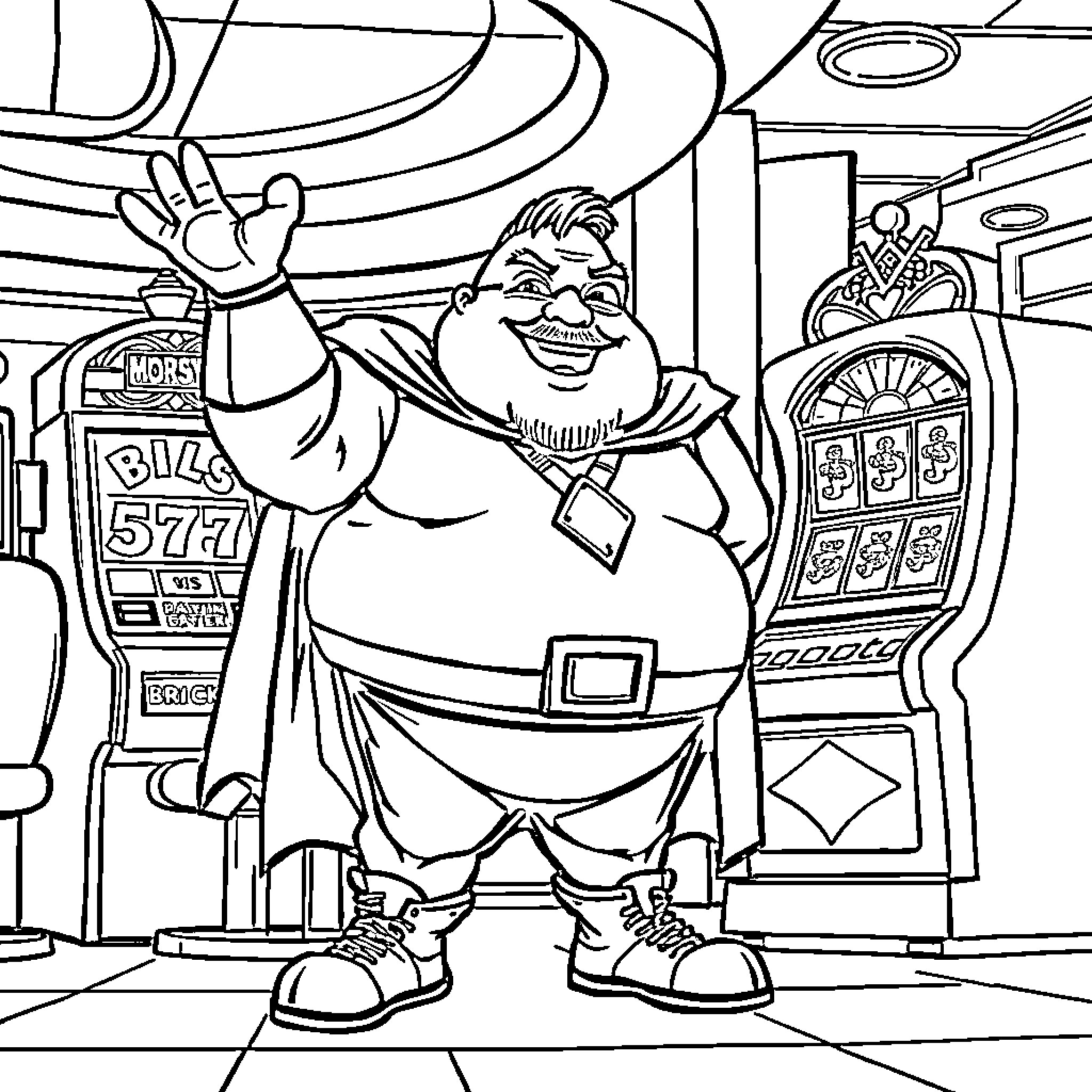 Superhero Slots Master Celebrates Jackpot Win Coloring Page (free black-and-white line drawing printable PDF for all, from beginners to advanced learners, including children, teens, adults, and seniors)