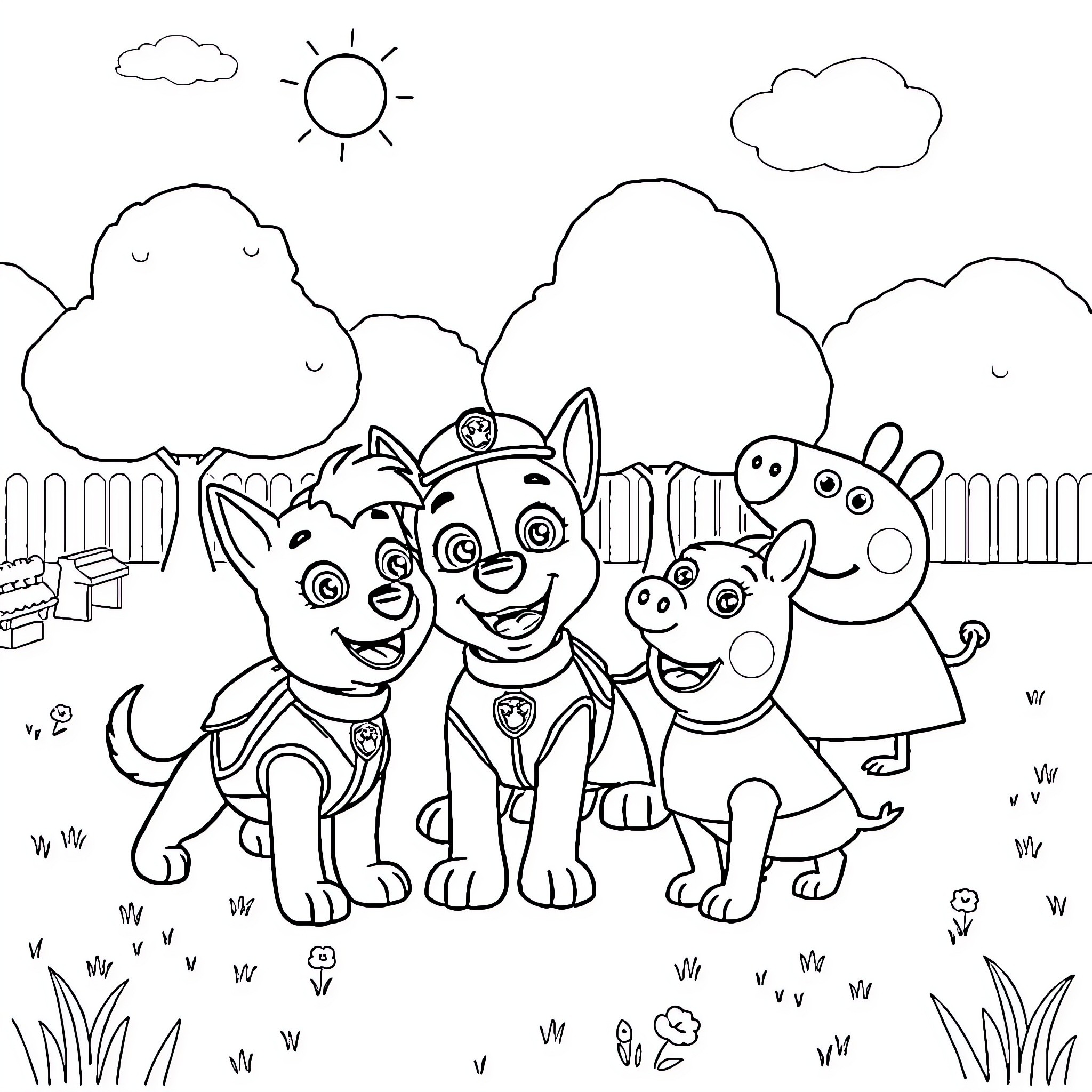 Paw Patrol characters in outdoor adventure scene Coloring Page (free black-and-white line drawing printable PDF for all, from beginners to advanced learners, including children, teens, adults, and seniors)