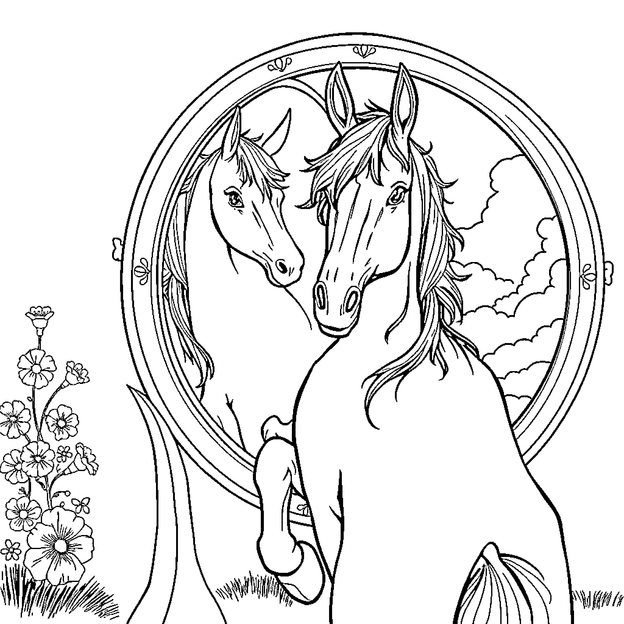 Donkey friends sharing a moment in nature Coloring Page (free black-and-white line drawing printable PDF for all, from beginners to advanced learners, including children, teens, adults, and seniors)