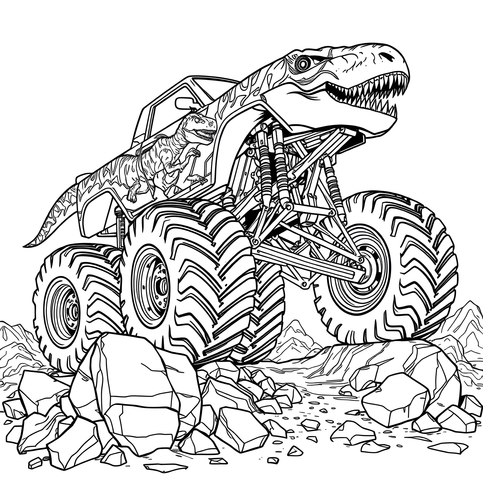 Dinosaur Monster Truck Crushing Rocks Coloring Page (free black-and-white line drawing printable PDF for all, from beginners to advanced learners, including children, teens, adults, and seniors)