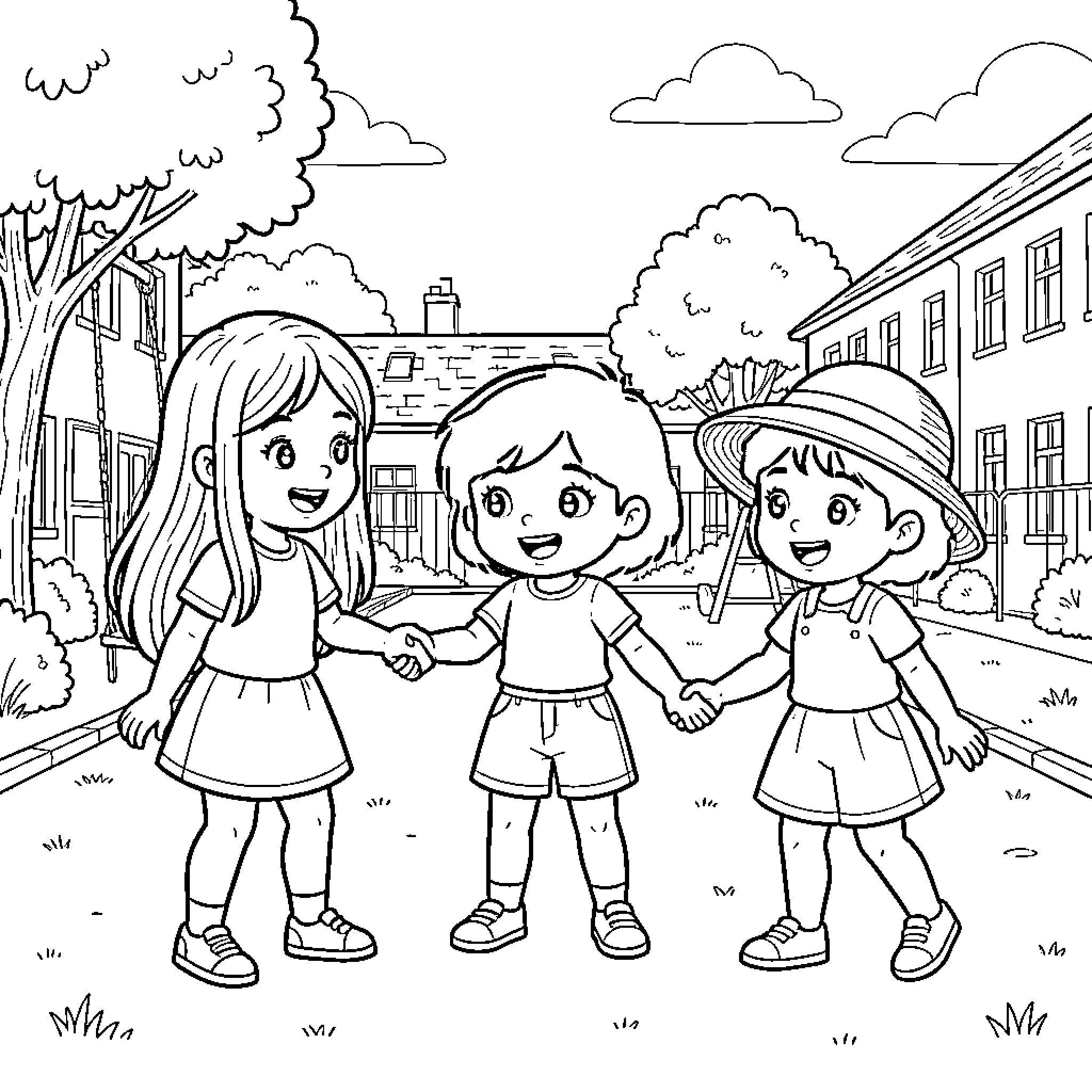Fille friends holding hands and smiling together Coloring Page (free black-and-white line drawing printable PDF for all, from beginners to advanced learners, including children, teens, adults, and seniors)