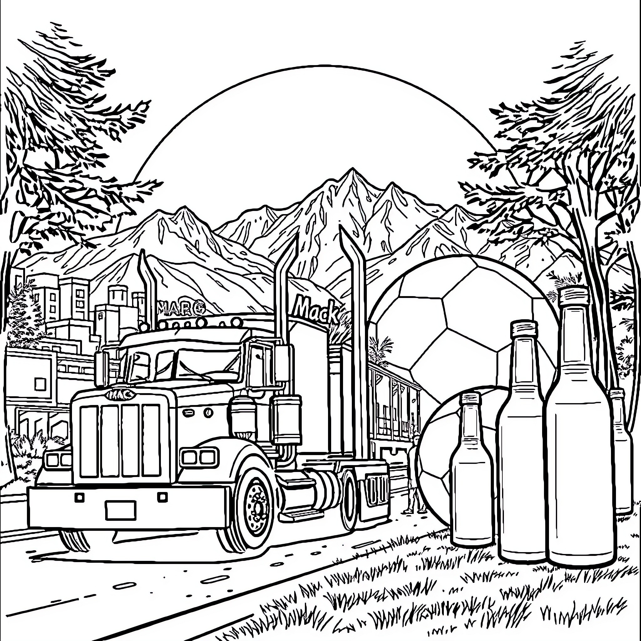 Mack Truck hauling cargo through scenic mountain landscape Coloring Page (free black-and-white line drawing printable PDF for all, from beginners to advanced learners, including children, teens, adults, and seniors)