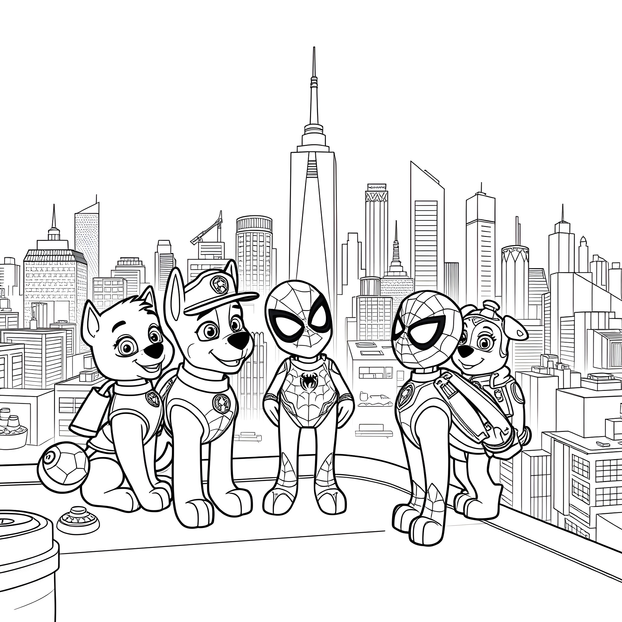 Paw Patrol team exploring the city skyline Coloring Page (free black-and-white line drawing printable PDF for all, from beginners to advanced learners, including children, teens, adults, and seniors)