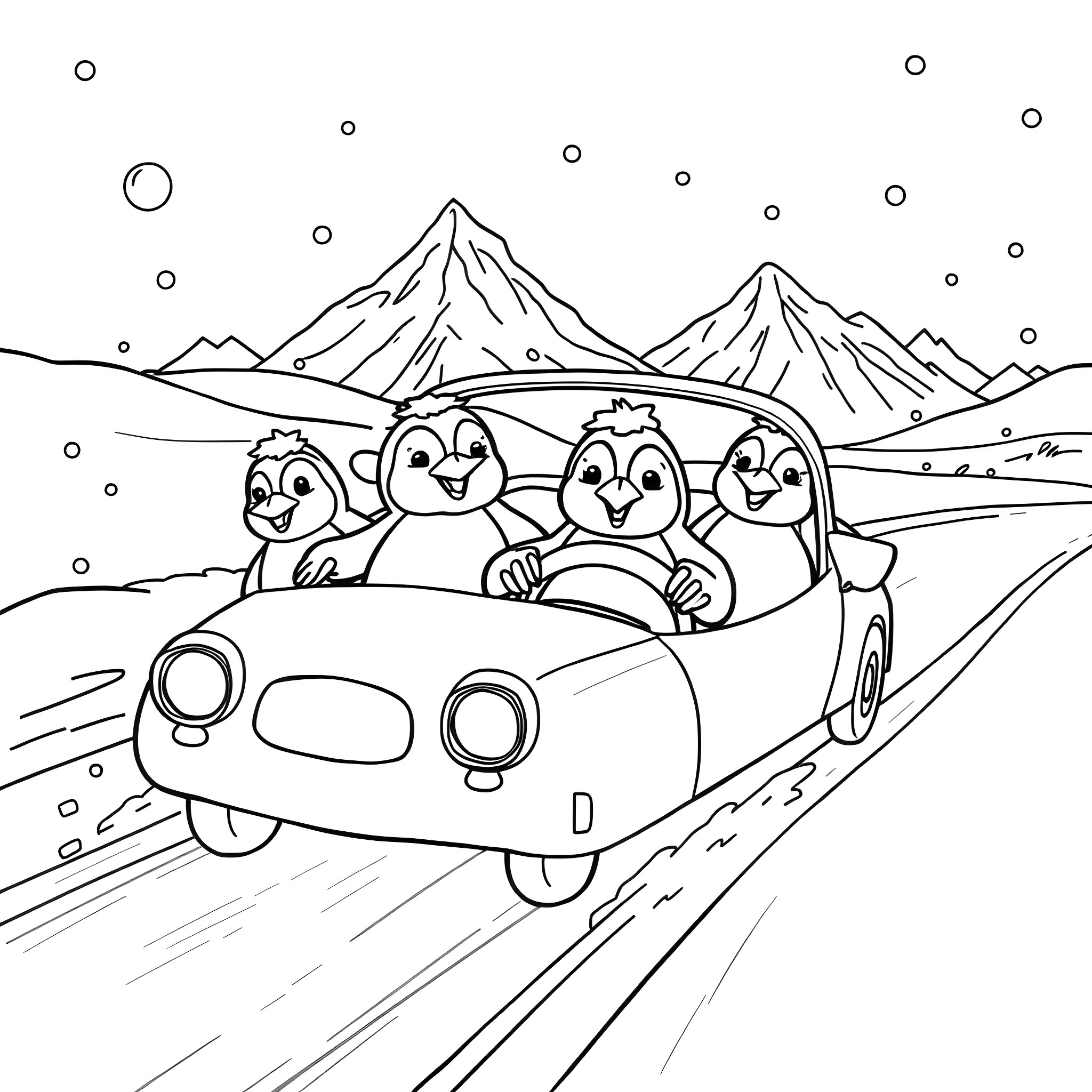 Penguin family on a road trip in the snowy mountains Coloring Page (free black-and-white line drawing printable PDF for all, from beginners to advanced learners, including children, teens, adults, and seniors)
