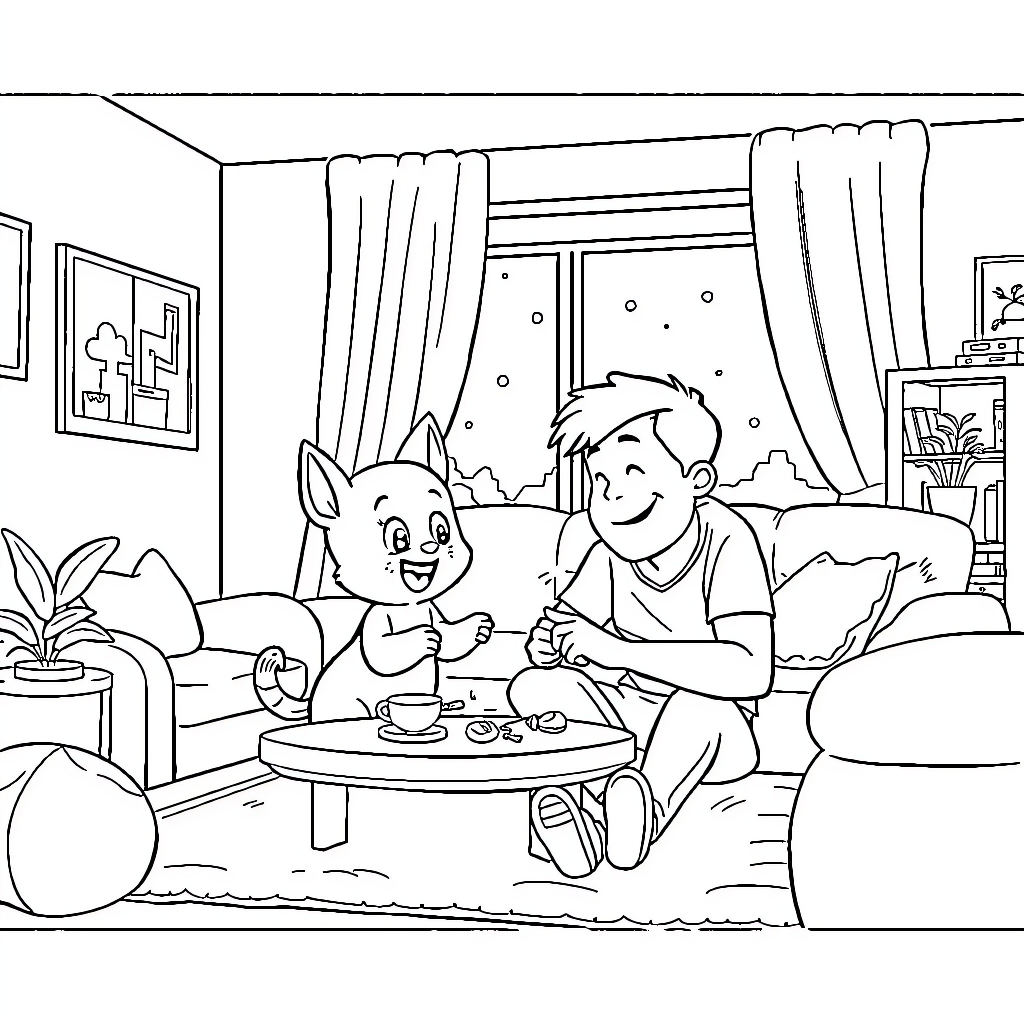 Bluey and friend enjoying snacks in cozy home Coloring Page (free black-and-white line drawing printable PDF for all, from beginners to advanced learners, including children, teens, adults, and seniors)