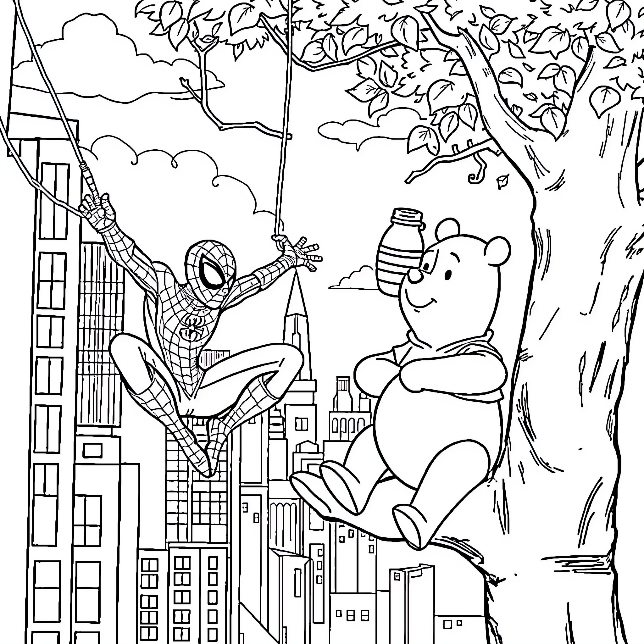 Spider-Man swinging through the city, encountering Winnie the Pooh Coloring Page (free black-and-white line drawing printable PDF for all, from beginners to advanced learners, including children, teens, adults, and seniors)
