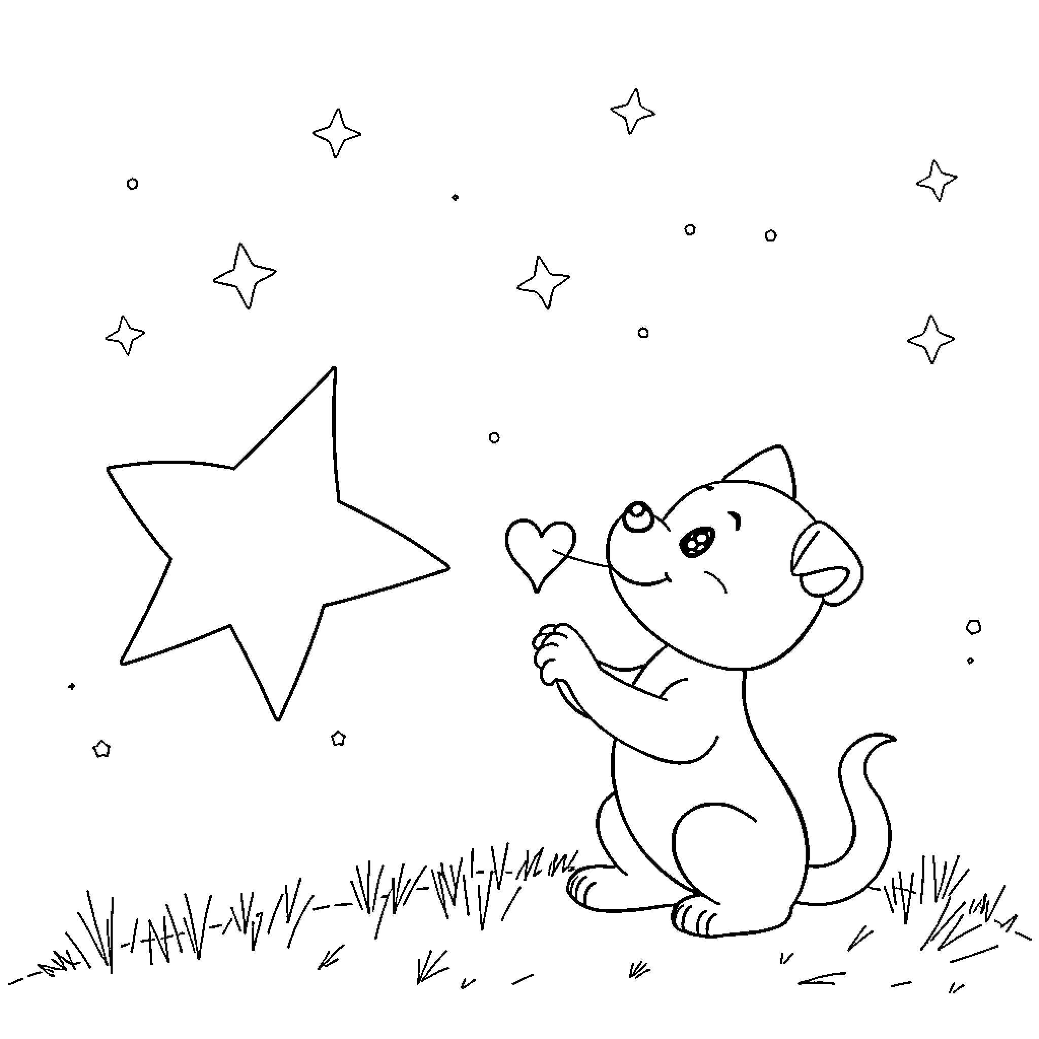 Valentino's Playful Starry Adventure Coloring Page (free black-and-white line drawing printable PDF for all, from beginners to advanced learners, including children, teens, adults, and seniors)