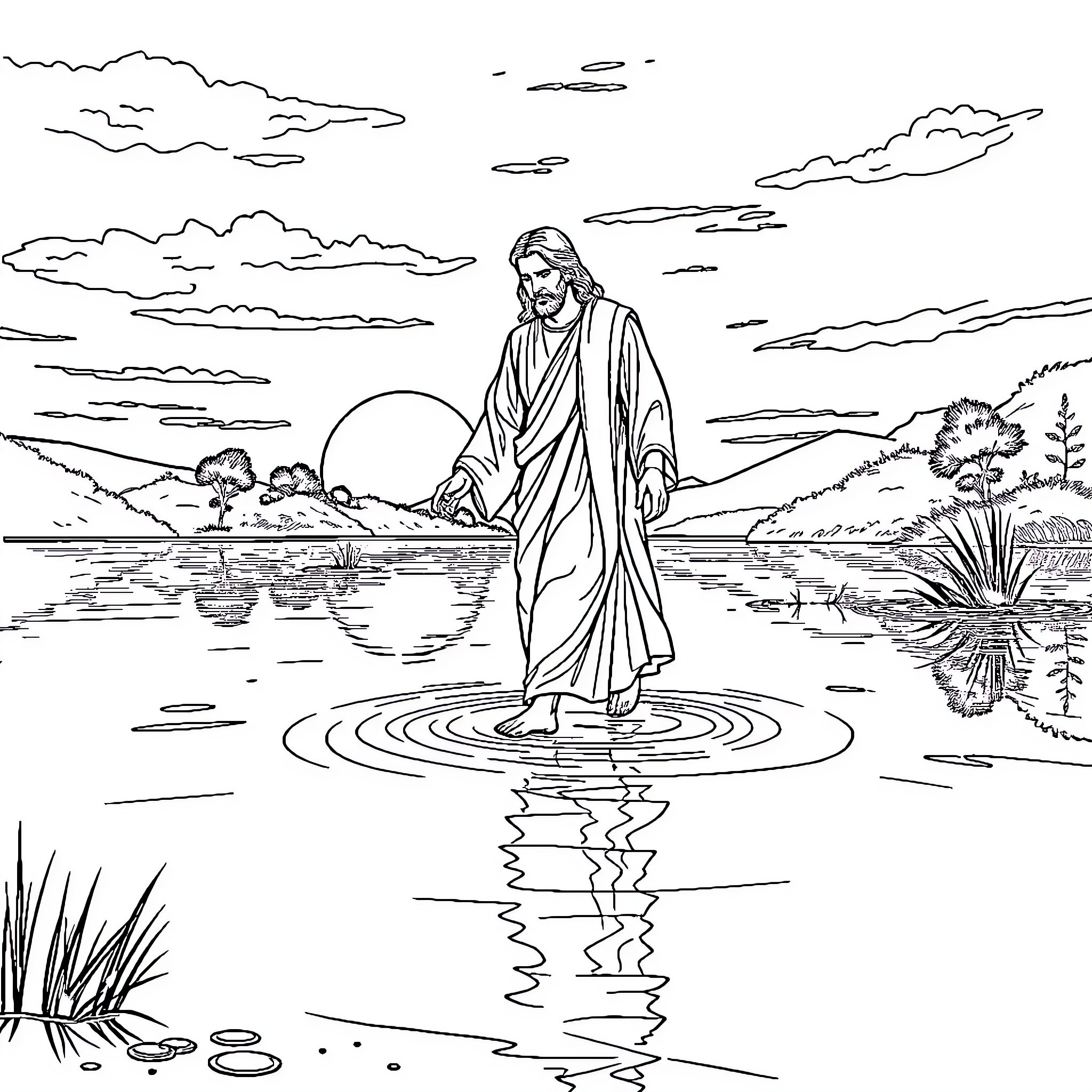Jesus walking on water in serene landscape Coloring Page (free black-and-white line drawing printable PDF for all, from beginners to advanced learners, including children, teens, adults, and seniors)