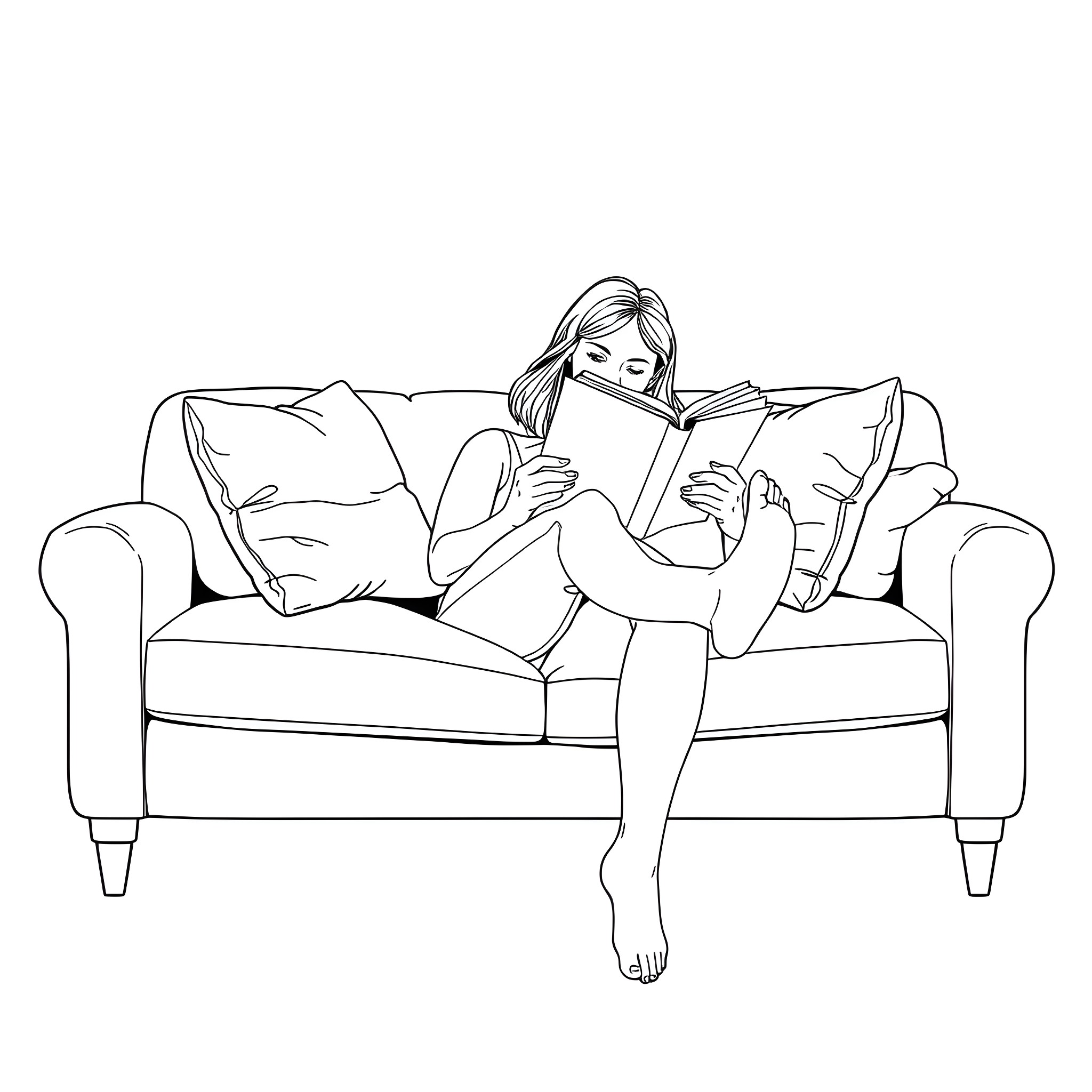 Woman reading a book comfortably on the sofa Coloring Page (free black-and-white line drawing printable PDF for all, from beginners to advanced learners, including children, teens, adults, and seniors)