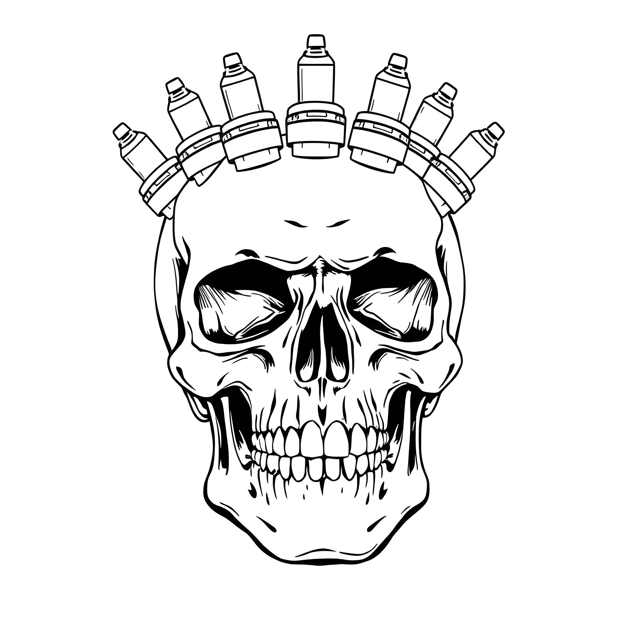 Skull surrounded by art supplies Coloring Page (free black-and-white line drawing printable PDF for all, from beginners to advanced learners, including children, teens, adults, and seniors)