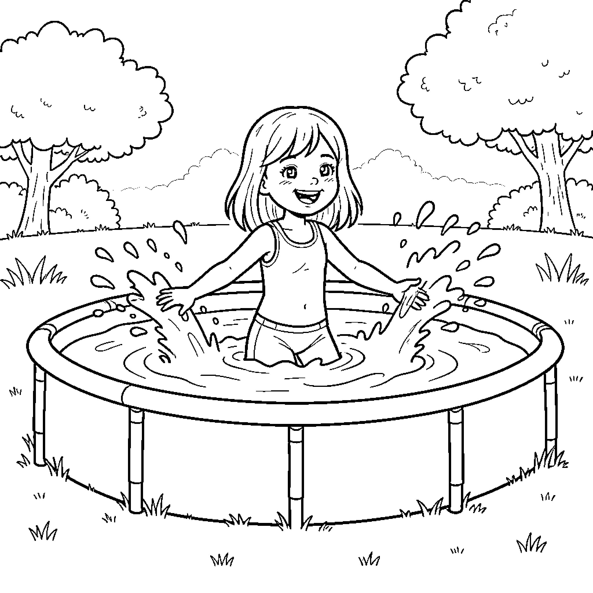 Fille splashing joyfully in a small backyard pool Coloring Page (free black-and-white line drawing printable PDF for all, from beginners to advanced learners, including children, teens, adults, and seniors)