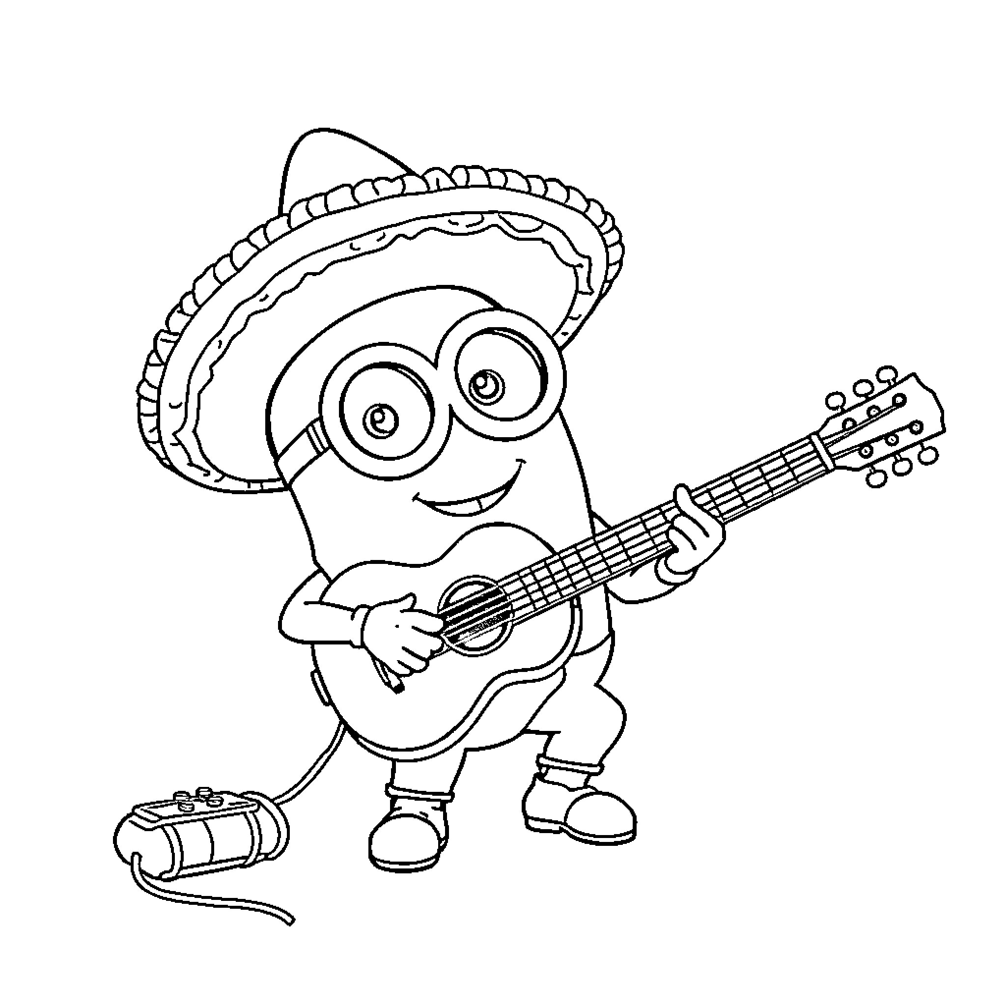 Minion Playing Guitar in Sombrero Coloring Page (free black-and-white line drawing printable PDF for all, from beginners to advanced learners, including children, teens, adults, and seniors)