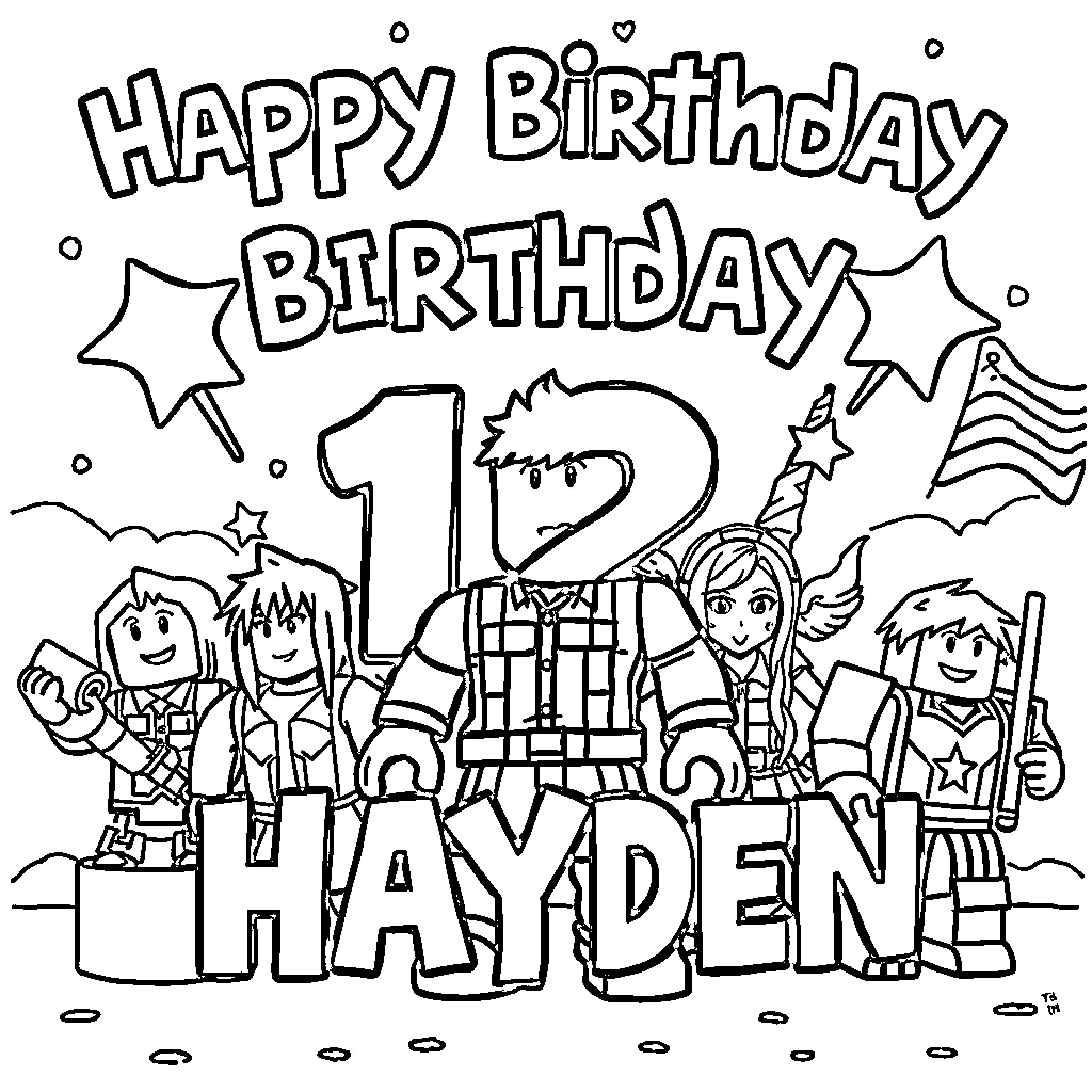 Roblox Happy Birthday Celebration with Characters Coloring Page (free black-and-white line drawing printable PDF for all, from beginners to advanced learners, including children, teens, adults, and seniors)