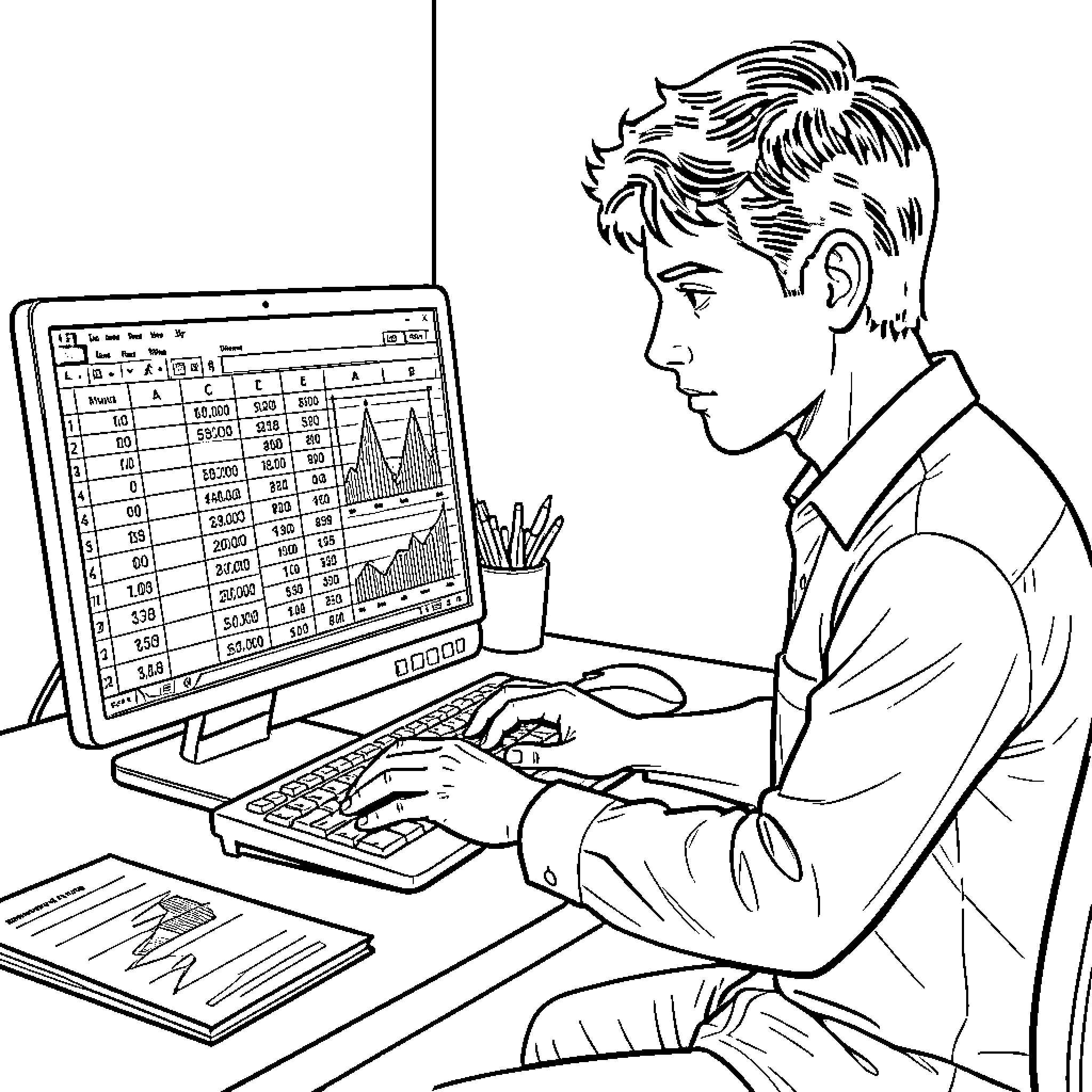 IT Guy analyzing data on computer screen Coloring Page (free black-and-white line drawing printable PDF for all, from beginners to advanced learners, including children, teens, adults, and seniors)