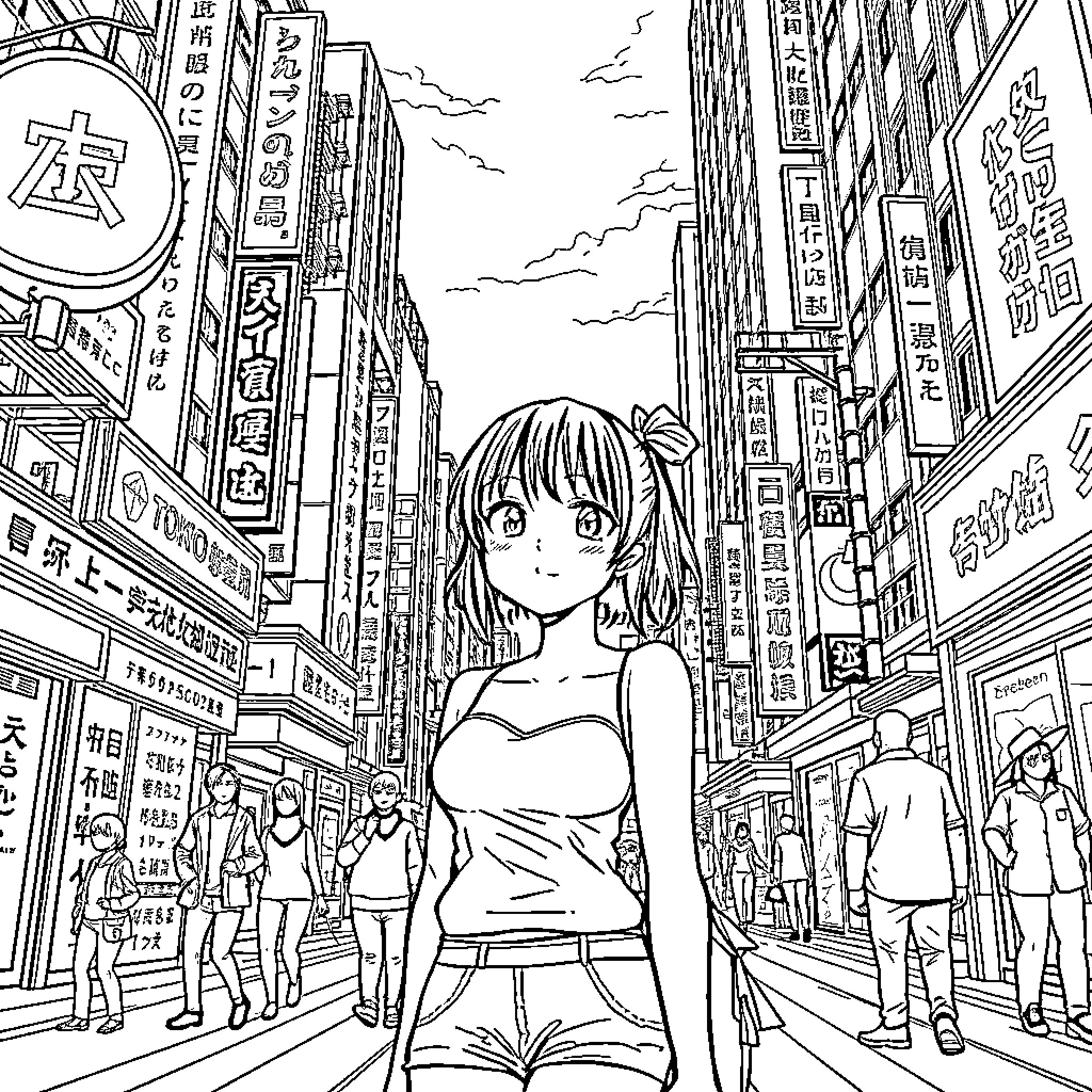 Meilin's Lively City Adventure Coloring Page (free black-and-white line drawing printable PDF for all, from beginners to advanced learners, including children, teens, adults, and seniors)