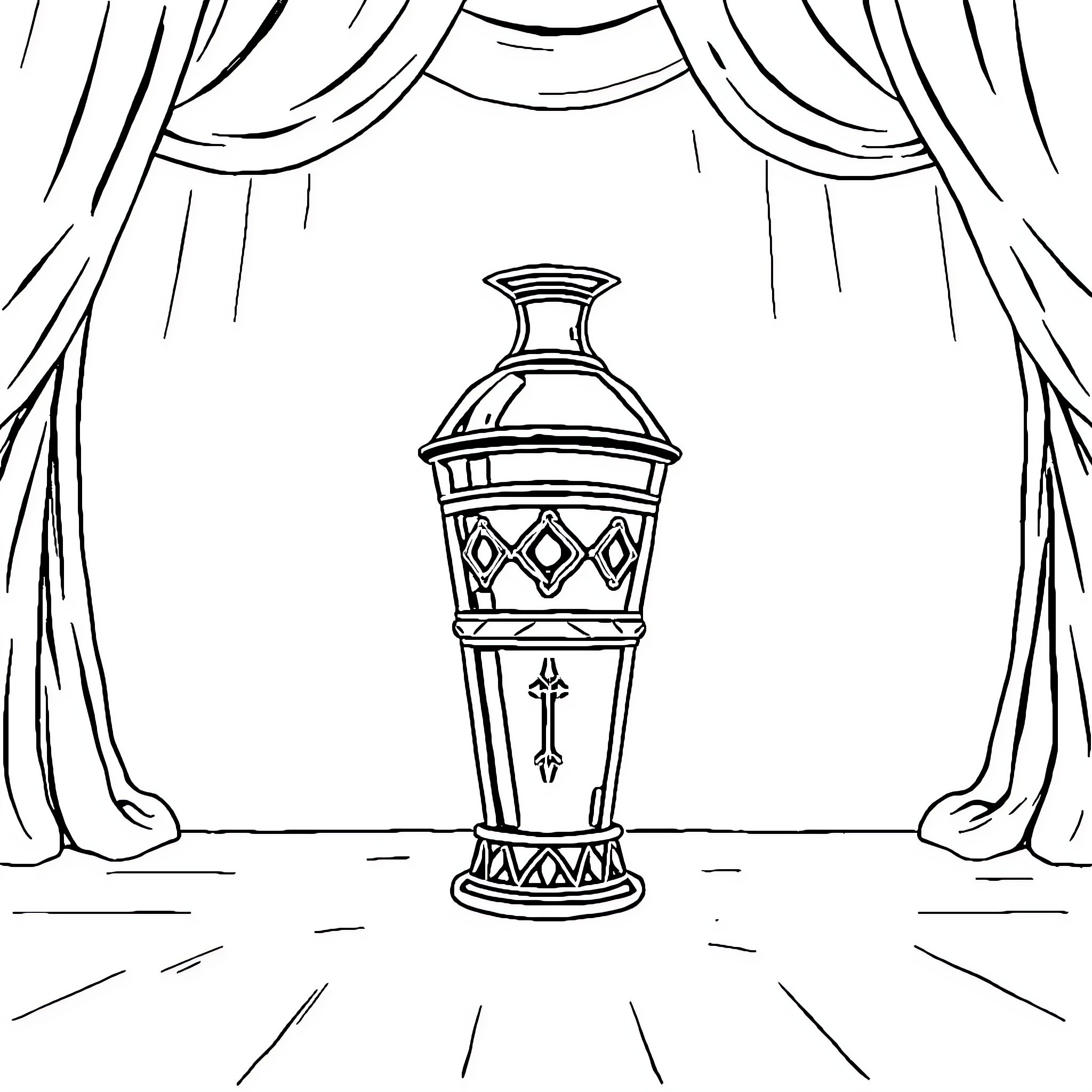 Vessel on stage with curtains Coloring Page (free black-and-white line drawing printable PDF for all, from beginners to advanced learners, including children, teens, adults, and seniors)