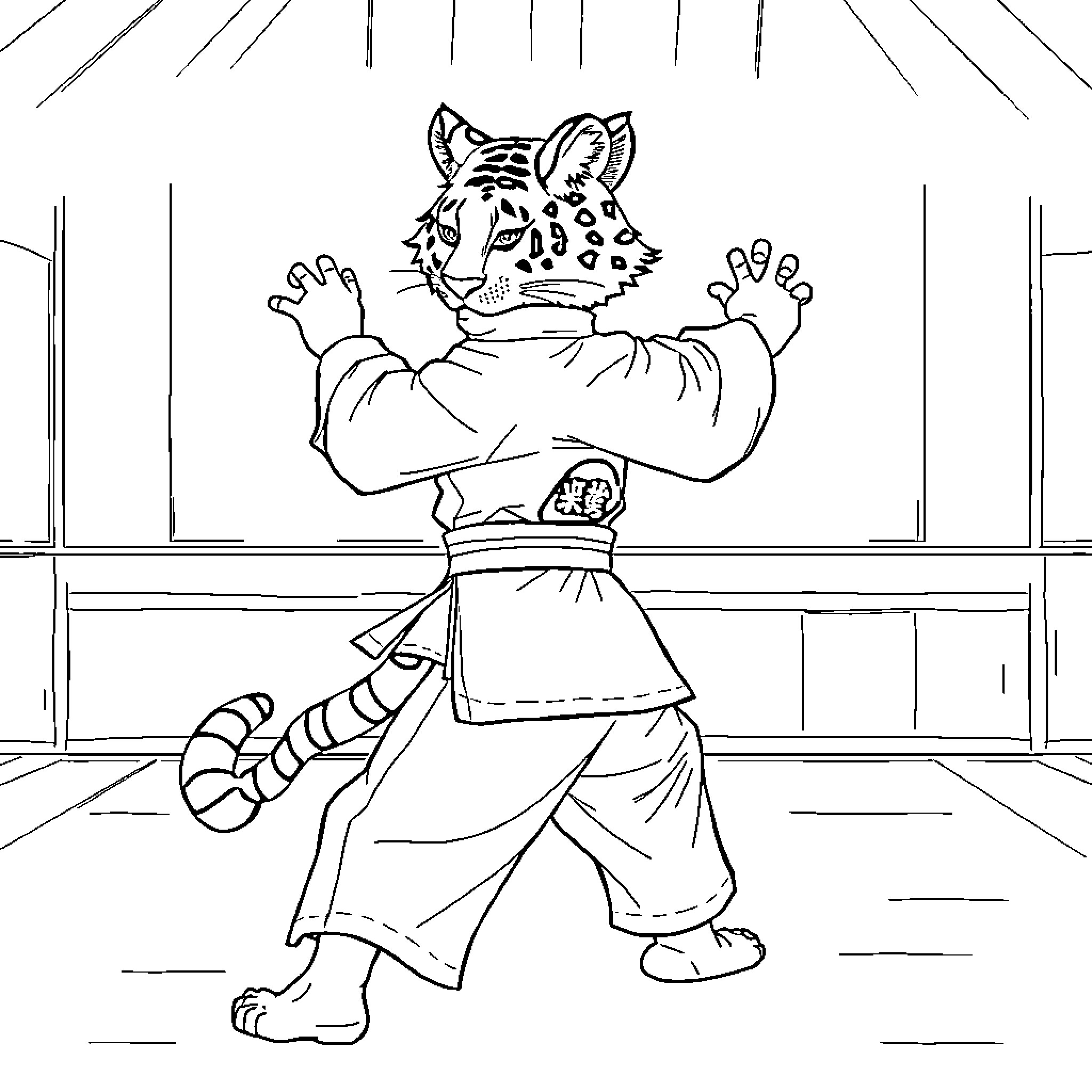 Tiger warrior in fighting stance Coloring Page (free black-and-white line drawing printable PDF for all, from beginners to advanced learners, including children, teens, adults, and seniors)