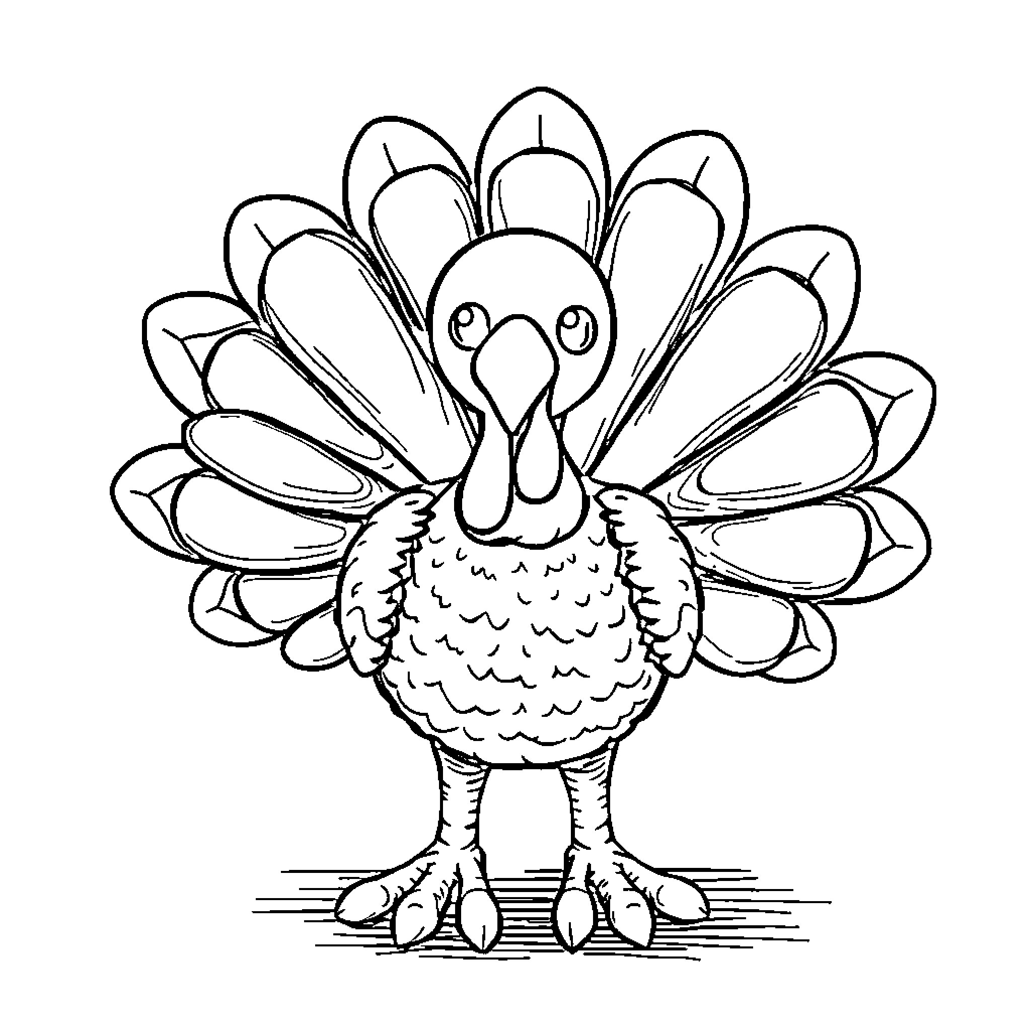 Turkey with Vibrant Feathers and Playful Pose Coloring Page (free black-and-white line drawing printable PDF for all, from beginners to advanced learners, including children, teens, adults, and seniors)