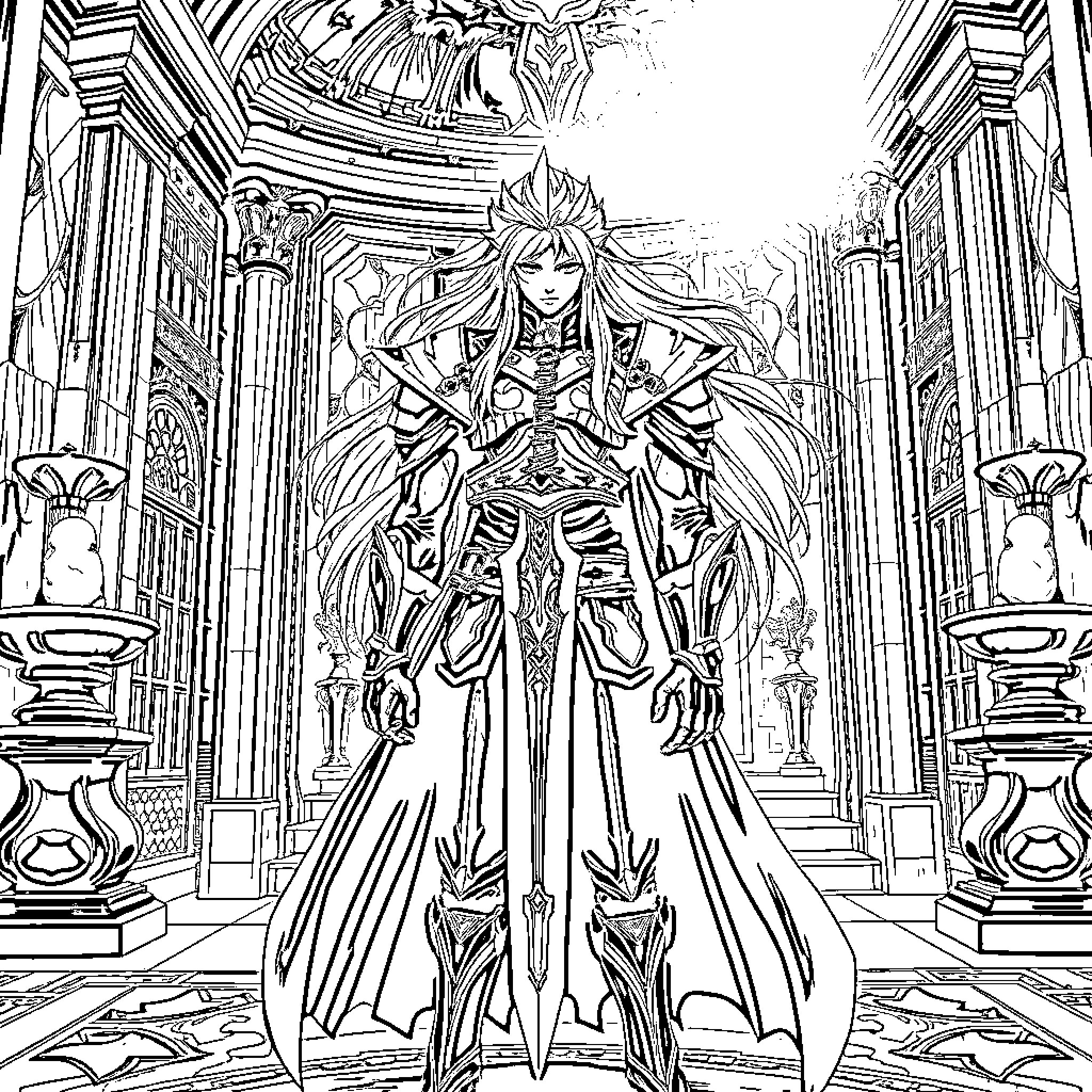 Sephiroth's Majestic Presence in Ornate Surroundings Coloring Page (free black-and-white line drawing printable PDF for all, from beginners to advanced learners, including children, teens, adults, and seniors)